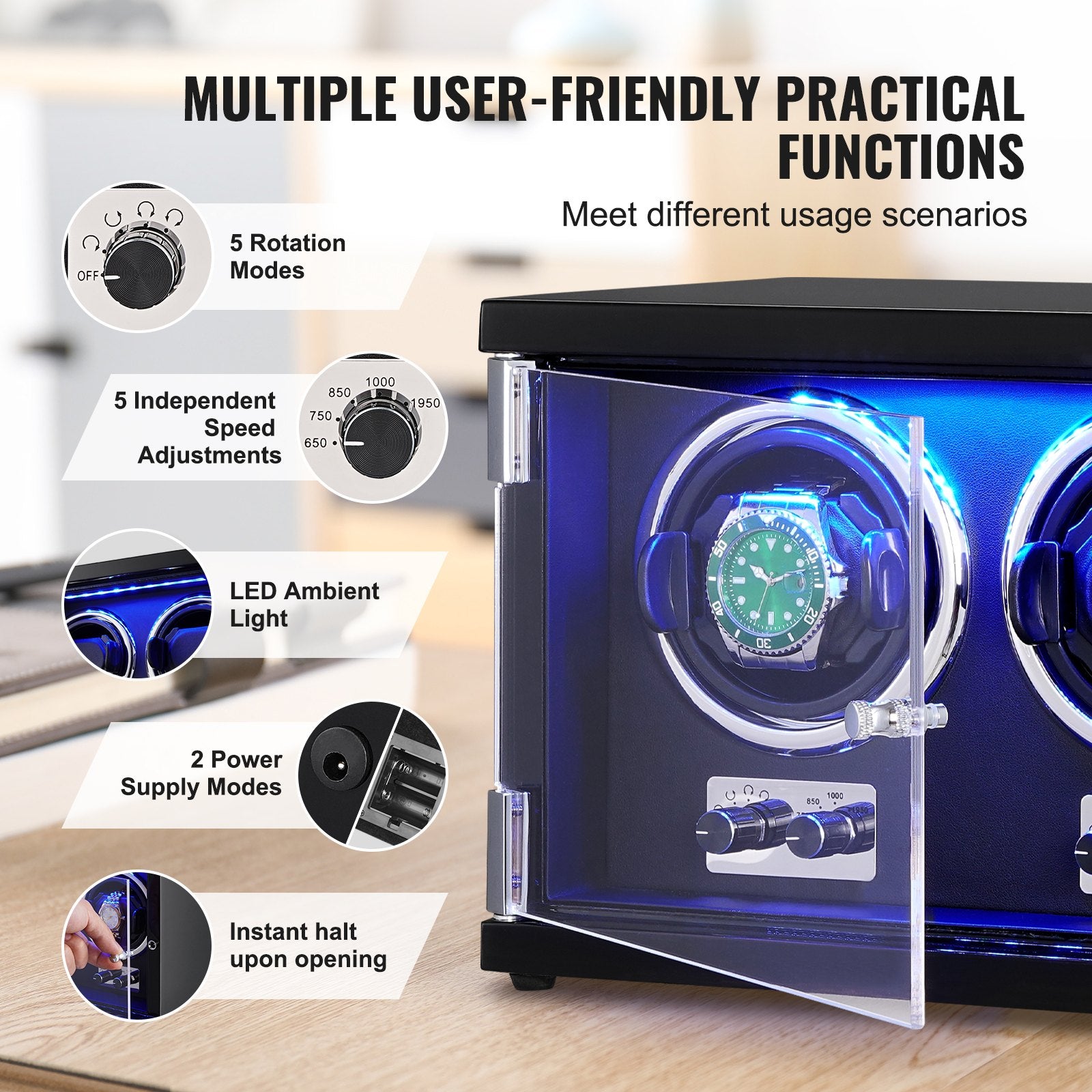 Watch Winder Dual Automatic with 2 Japanese Mabuchi Motors Blue LED Black PU