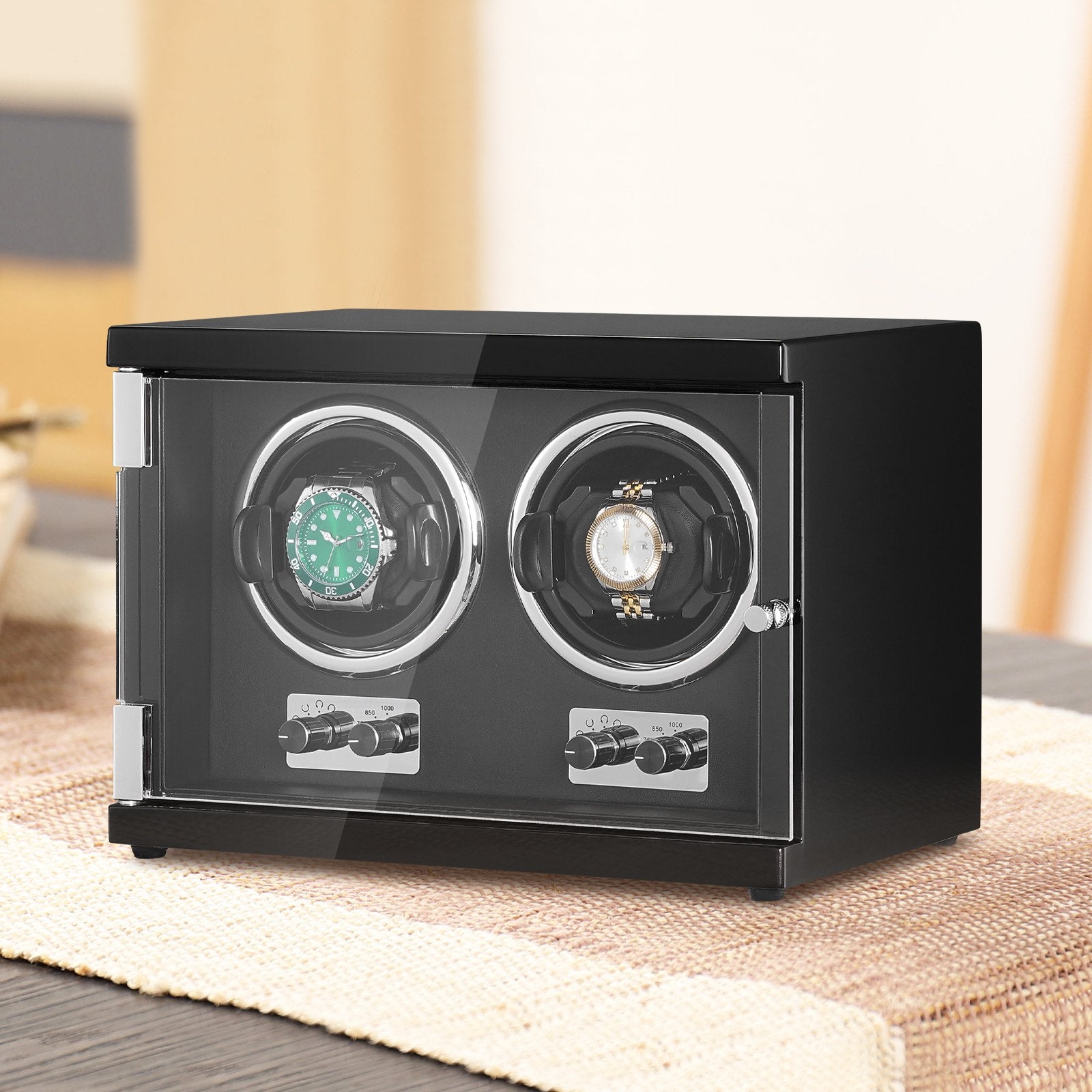 Watch Winder Dual Automatic with 2 Japanese Mabuchi Motors Blue LED Black PU