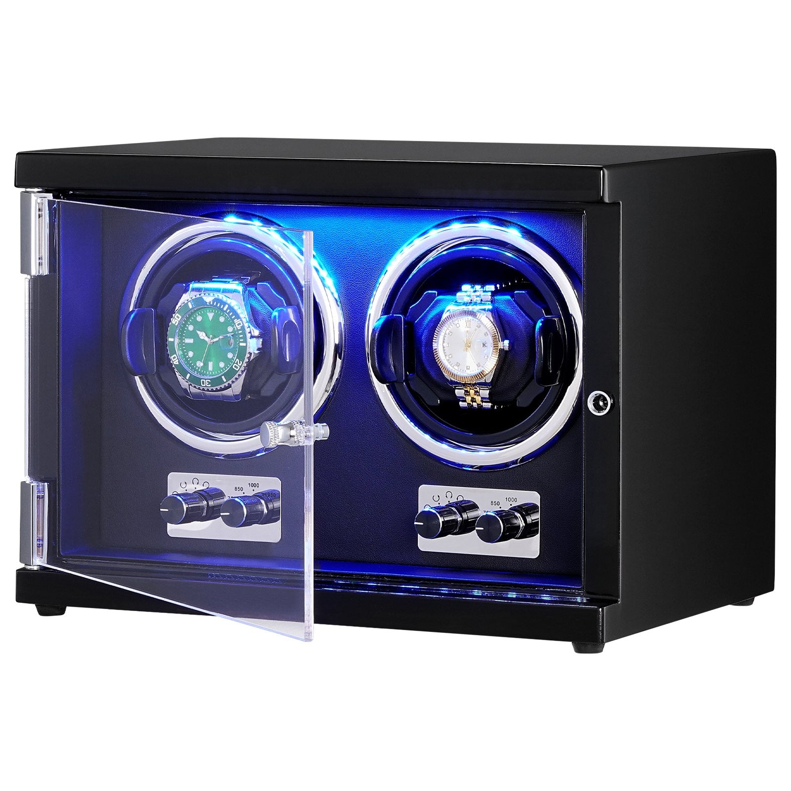 Watch Winder Dual Automatic with 2 Japanese Mabuchi Motors Blue LED Black PU