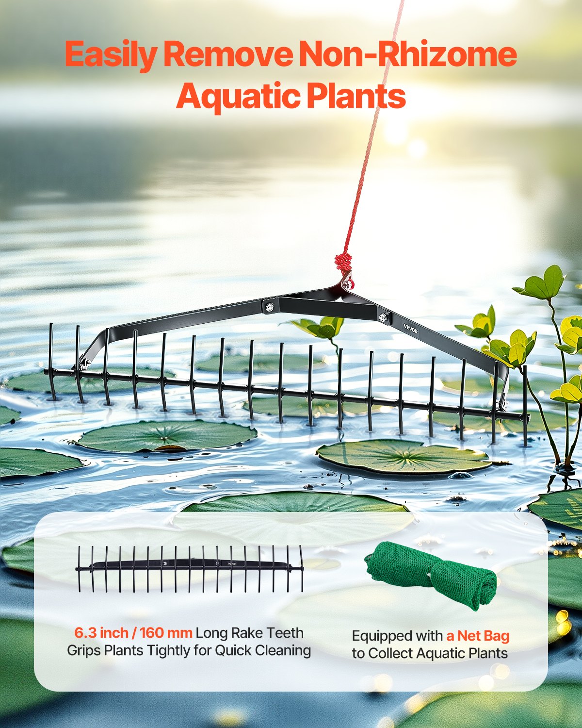 Aquatic Weed Rake 32in Double-Sided Lightweight Pond Cutter 30ft Rope Lakes