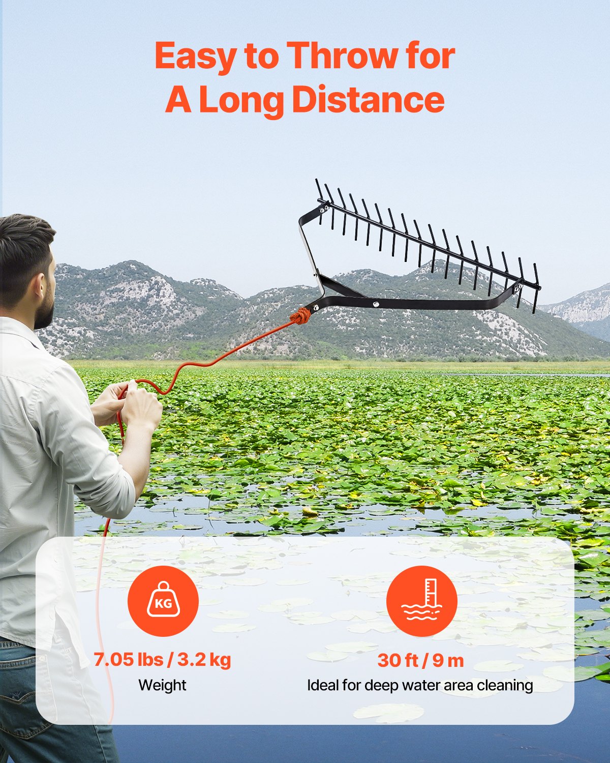 Aquatic Weed Rake 32in Double-Sided Lightweight Pond Cutter 30ft Rope Lakes
