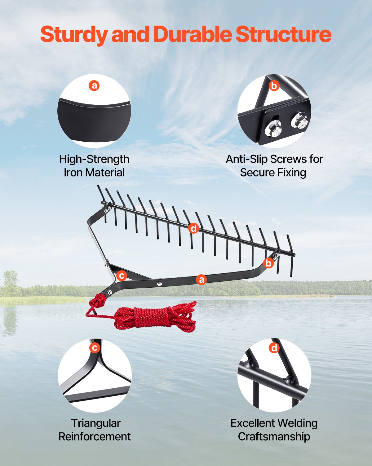 Aquatic Weed Rake 32in Double-Sided Lightweight Pond Cutter 30ft Rope Lakes
