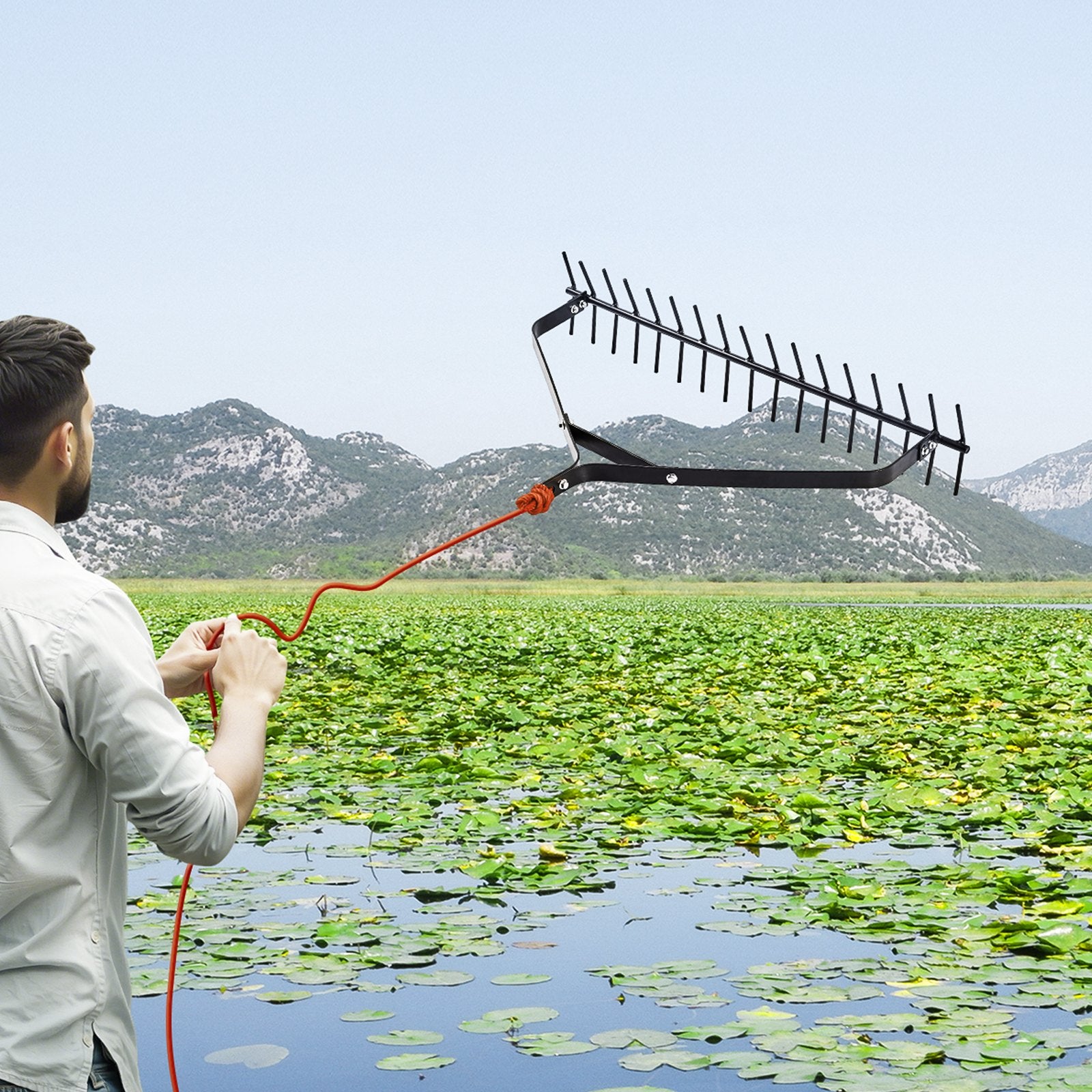 Aquatic Weed Rake 32in Double-Sided Lightweight Pond Cutter 30ft Rope Lakes