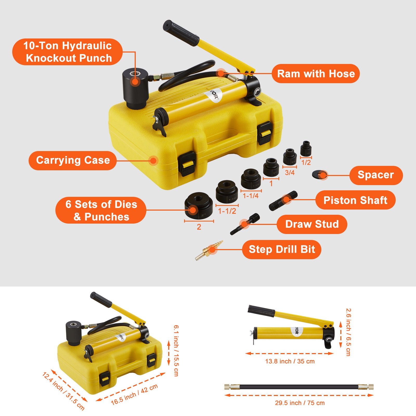 10 Ton Hydraulic Knockout Punch Kit 1/2-2in Conduit Hole Cutter 6pc Metal Tool
