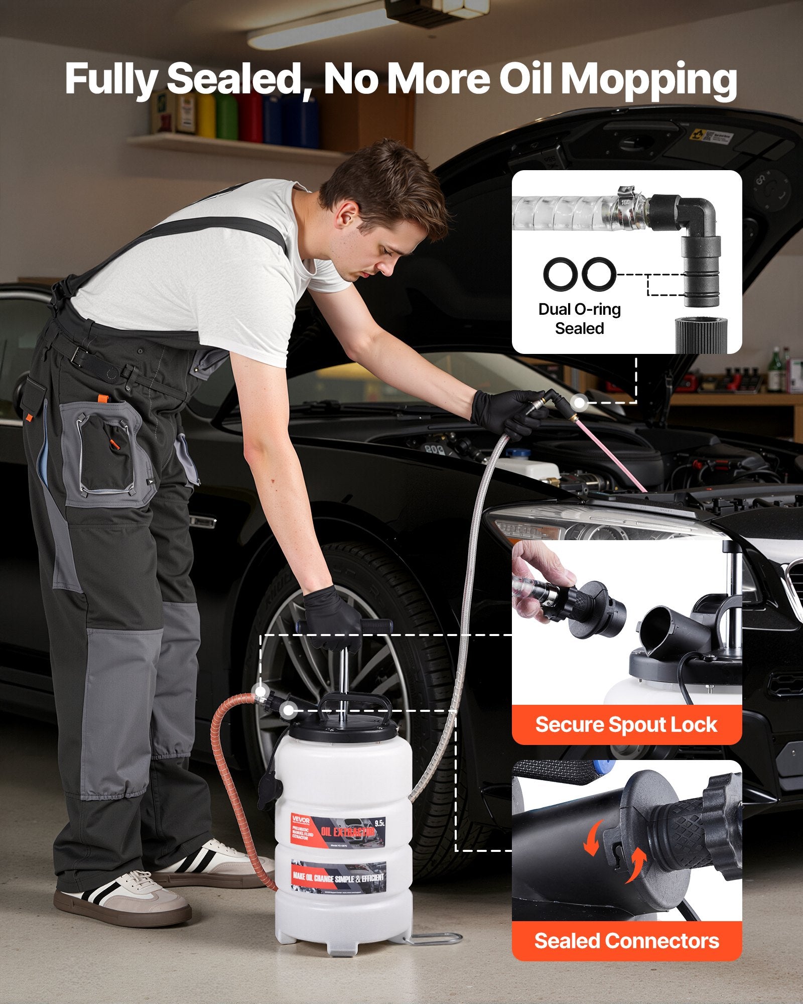 Fluid Extractor 9.5L Manual Vacuum with 150cm Hose and 3 Extension Tubes