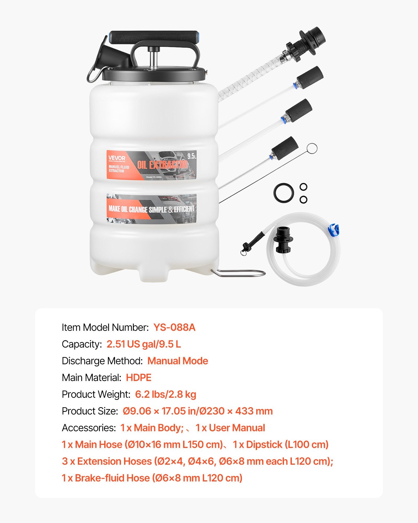 Fluid Extractor 9.5L Manual Vacuum with 150cm Hose and 3 Extension Tubes