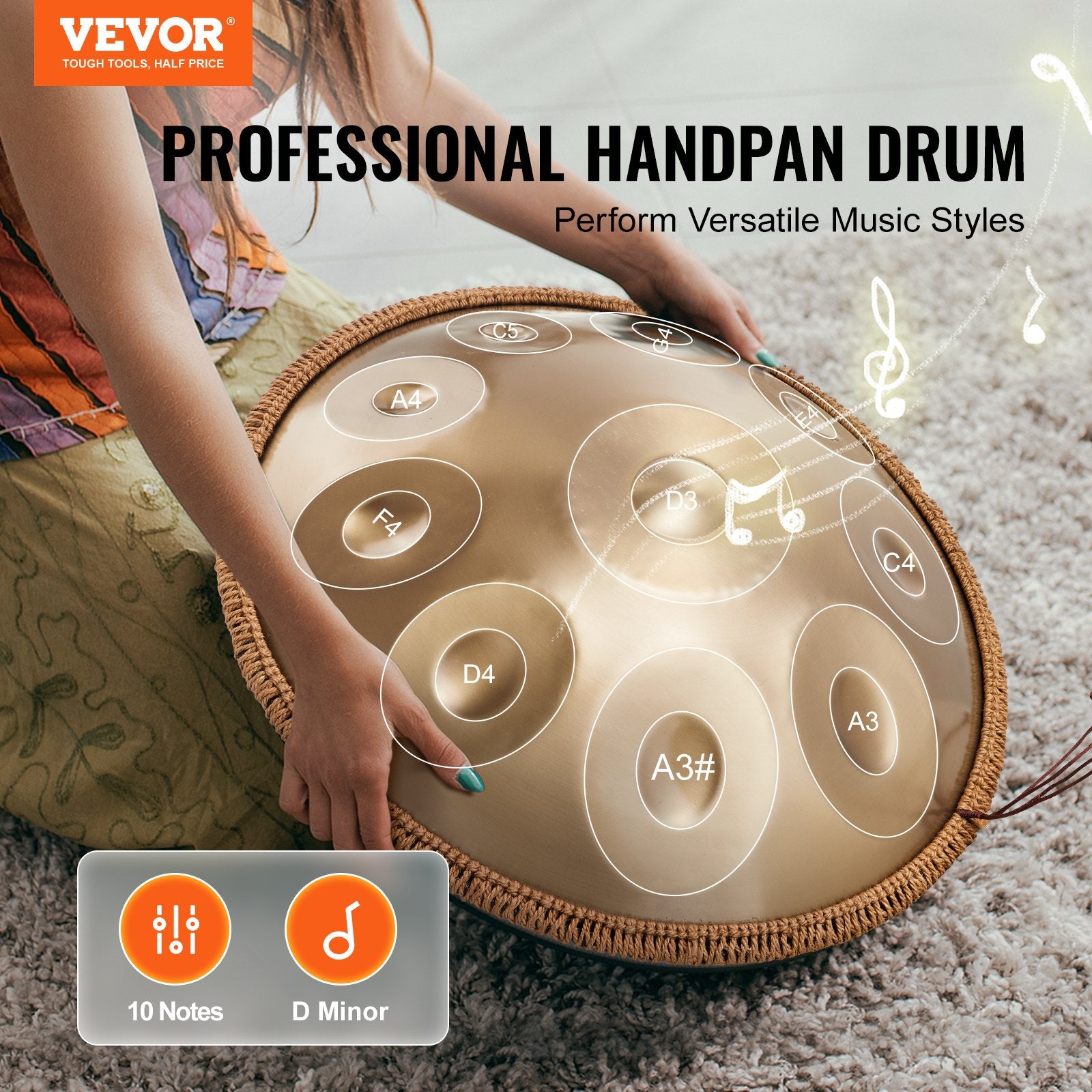 Handpan Drum, 22 in 10 Notes, D Minor Hand Drum with Mallets and Carry Bag
