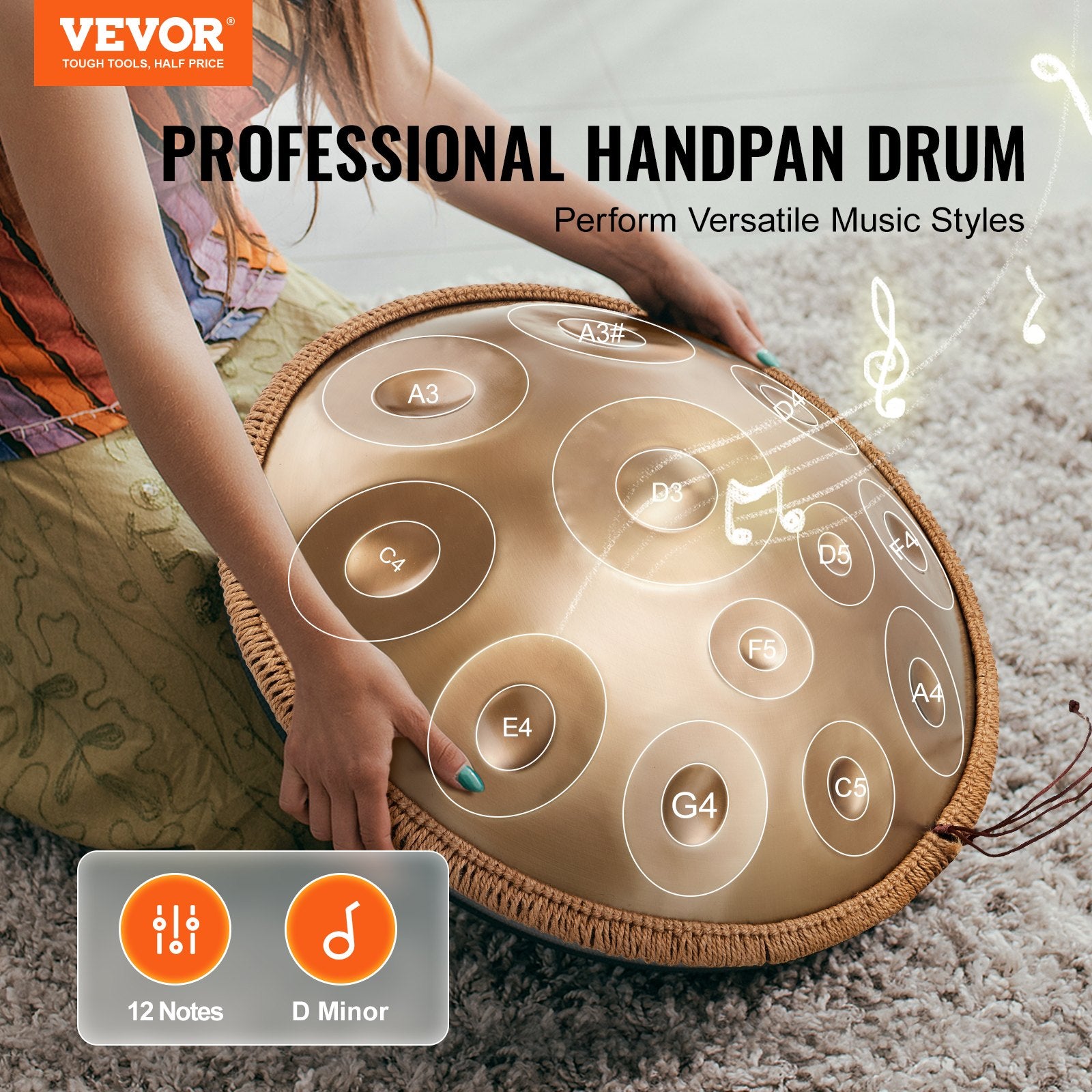 Handpan Drum 22 Inch 12-Note D Minor with Mallets Stand Carry Bag Steel Sound
