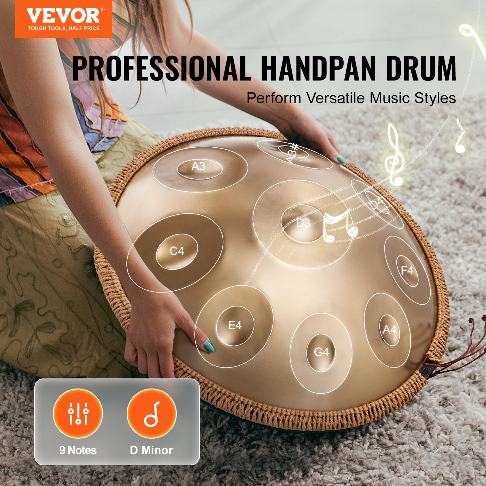 Handpan Drum, 22 in 9 Notes, D Minor Hand Drum with Mallets and Carry Bag