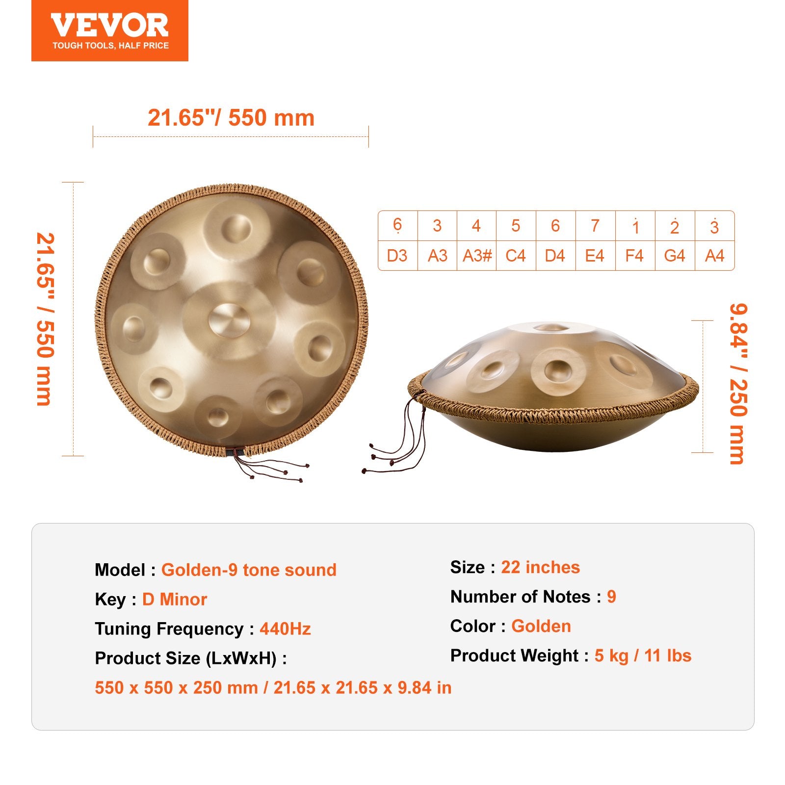 Handpan Drum, 22 in 9 Notes, D Minor Hand Drum with Mallets and Carry Bag