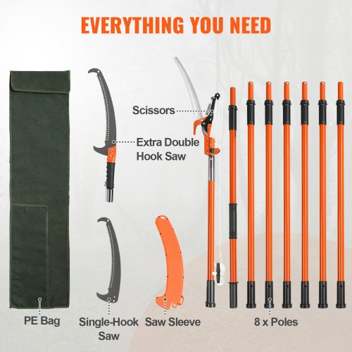 VEVOR Manual Pole Saw 8.24 m Extendable Tree Pruner for Shrubs and Palm Trimming