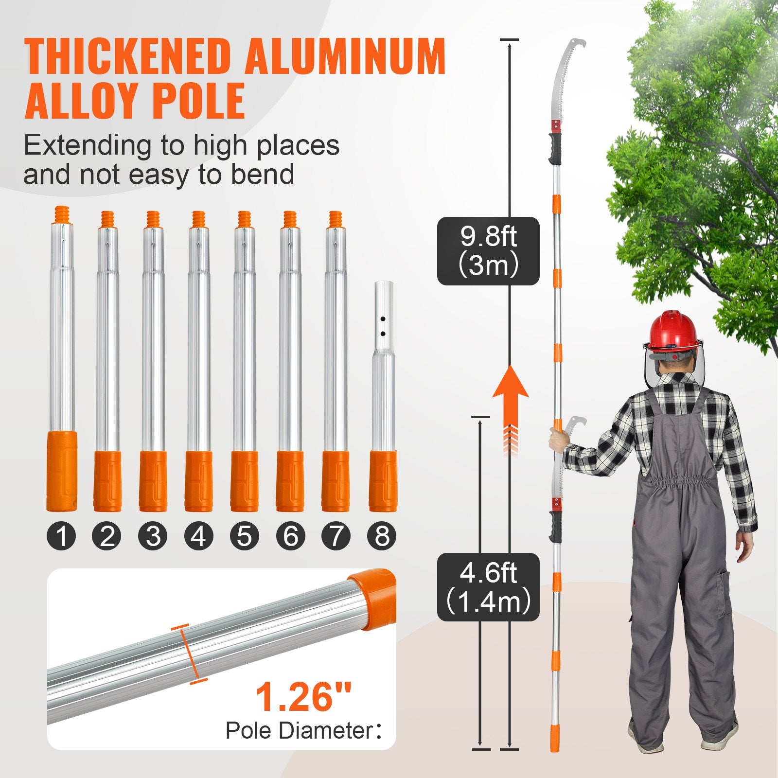 Manual Pole Saw 1.4-3m Extendable Tree Pruner with Steel Blade Aluminum Handle