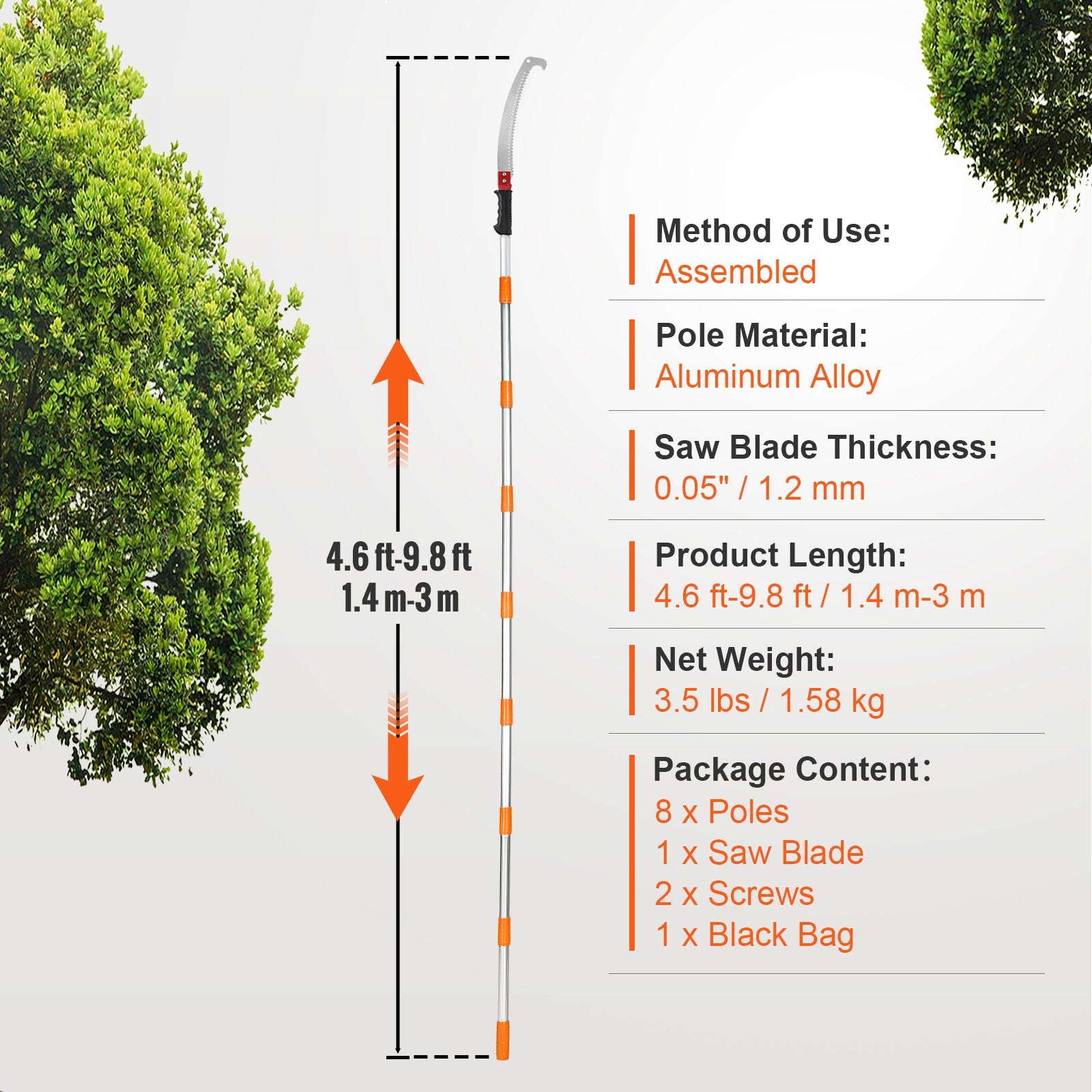 Manual Pole Saw 1.4-3m Extendable Tree Pruner with Steel Blade Aluminum Handle