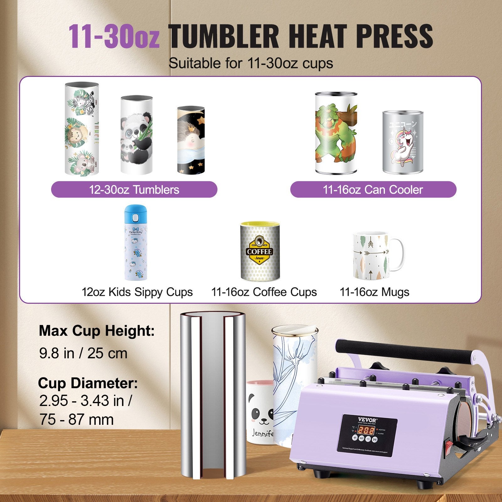 Tumbler Heat Press Machine 11-30oz Mug Press Purple Sublimation Cups