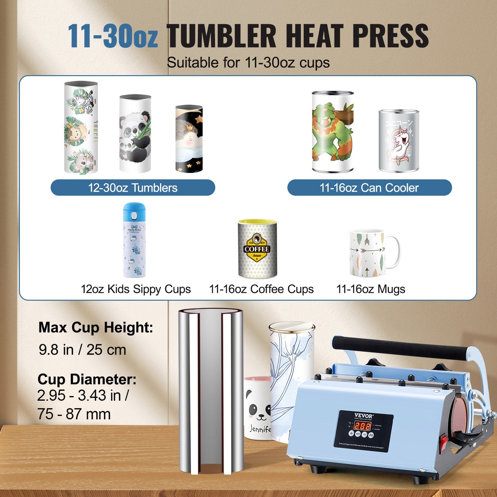 Tumbler Heat Press Machine 11-30oz Mug Press Blue Sublimation Cups