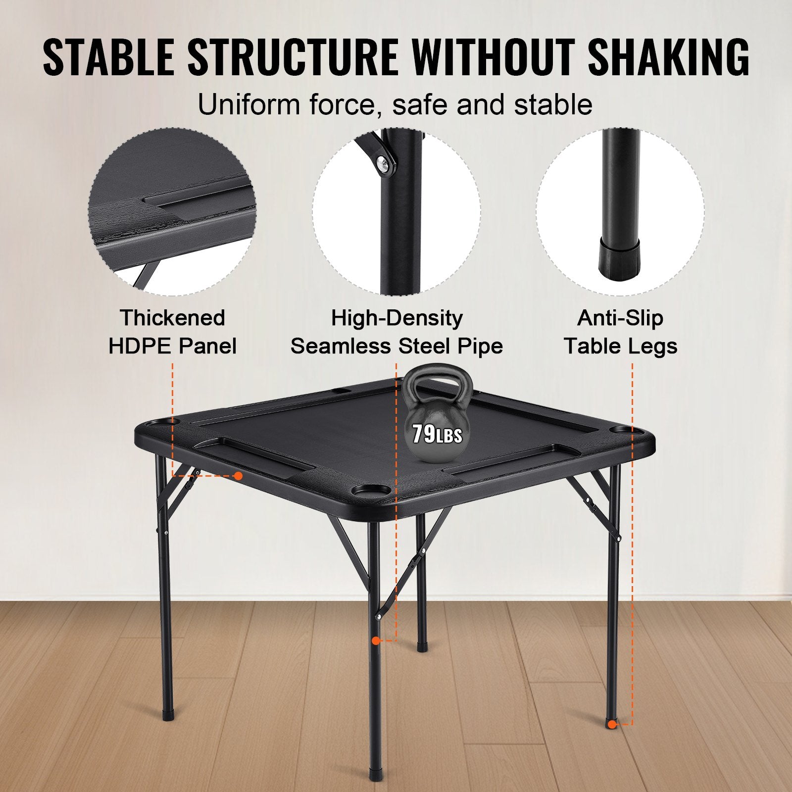 Portable 4 Player Folding Mahjong Game Table with Cup Holders Chip Trays Black