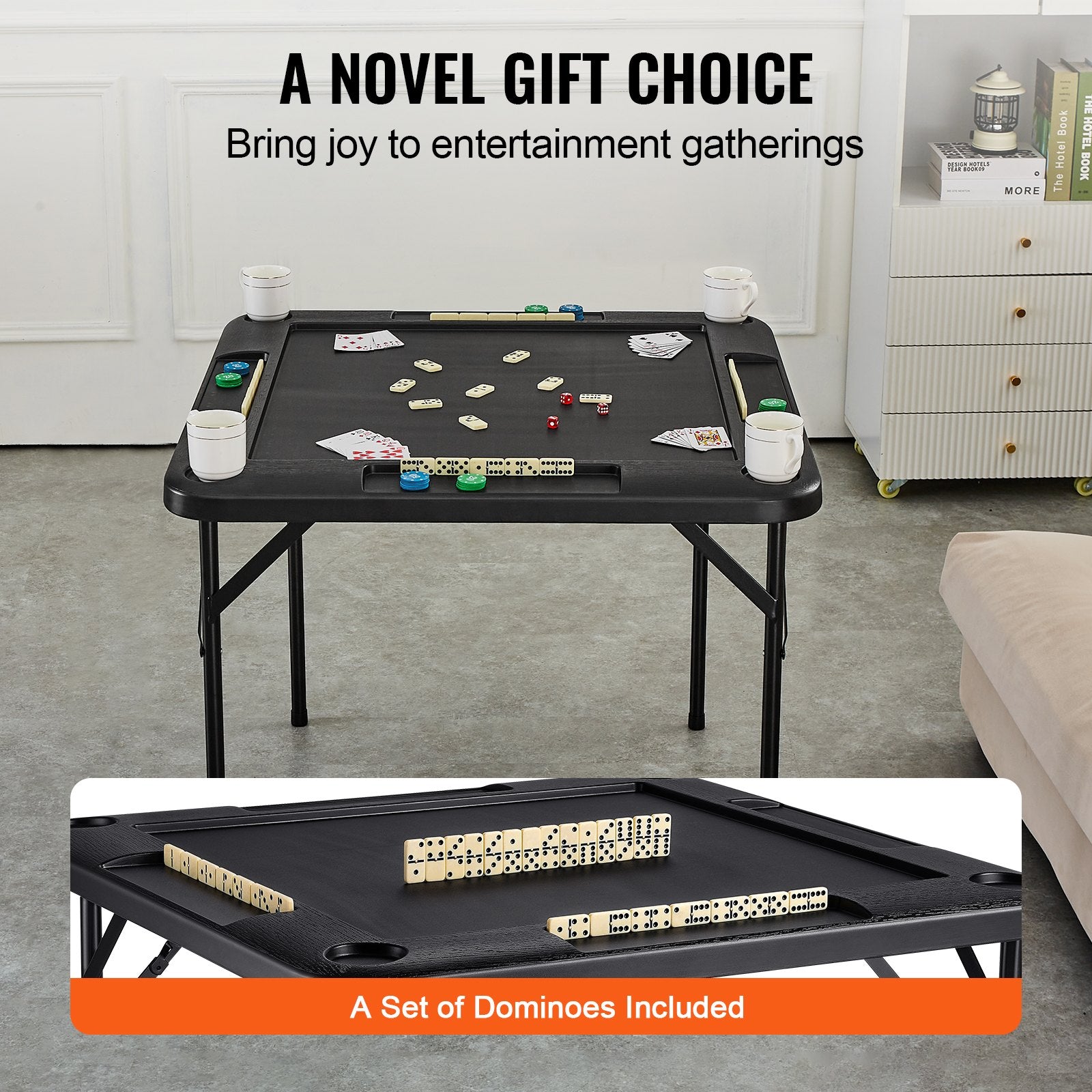 Portable 4 Player Folding Mahjong Game Table with Cup Holders Chip Trays Black
