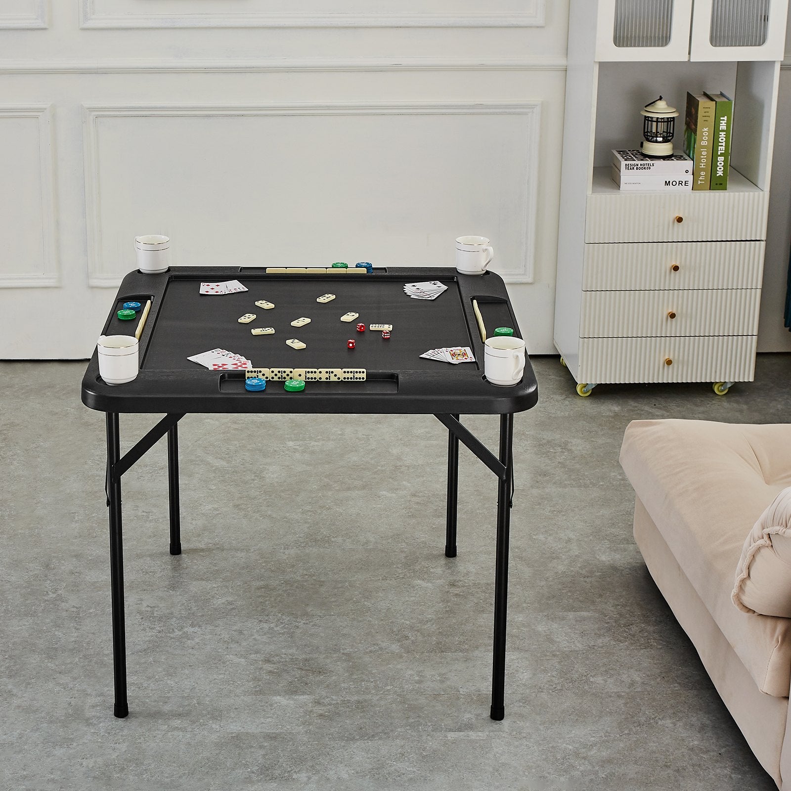Portable 4 Player Folding Mahjong Game Table with Cup Holders Chip Trays Black