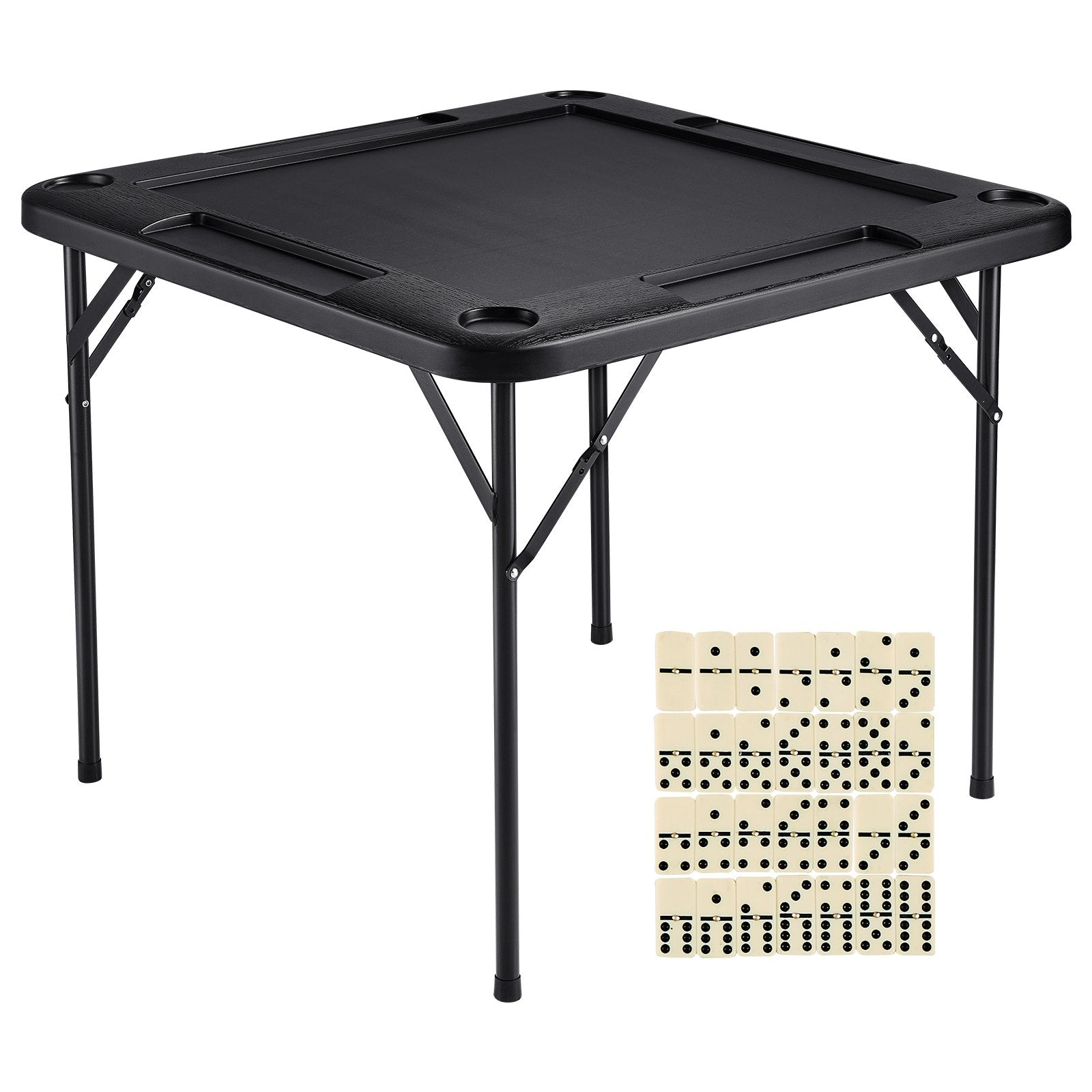 Portable 4 Player Folding Mahjong Game Table with Cup Holders Chip Trays Black