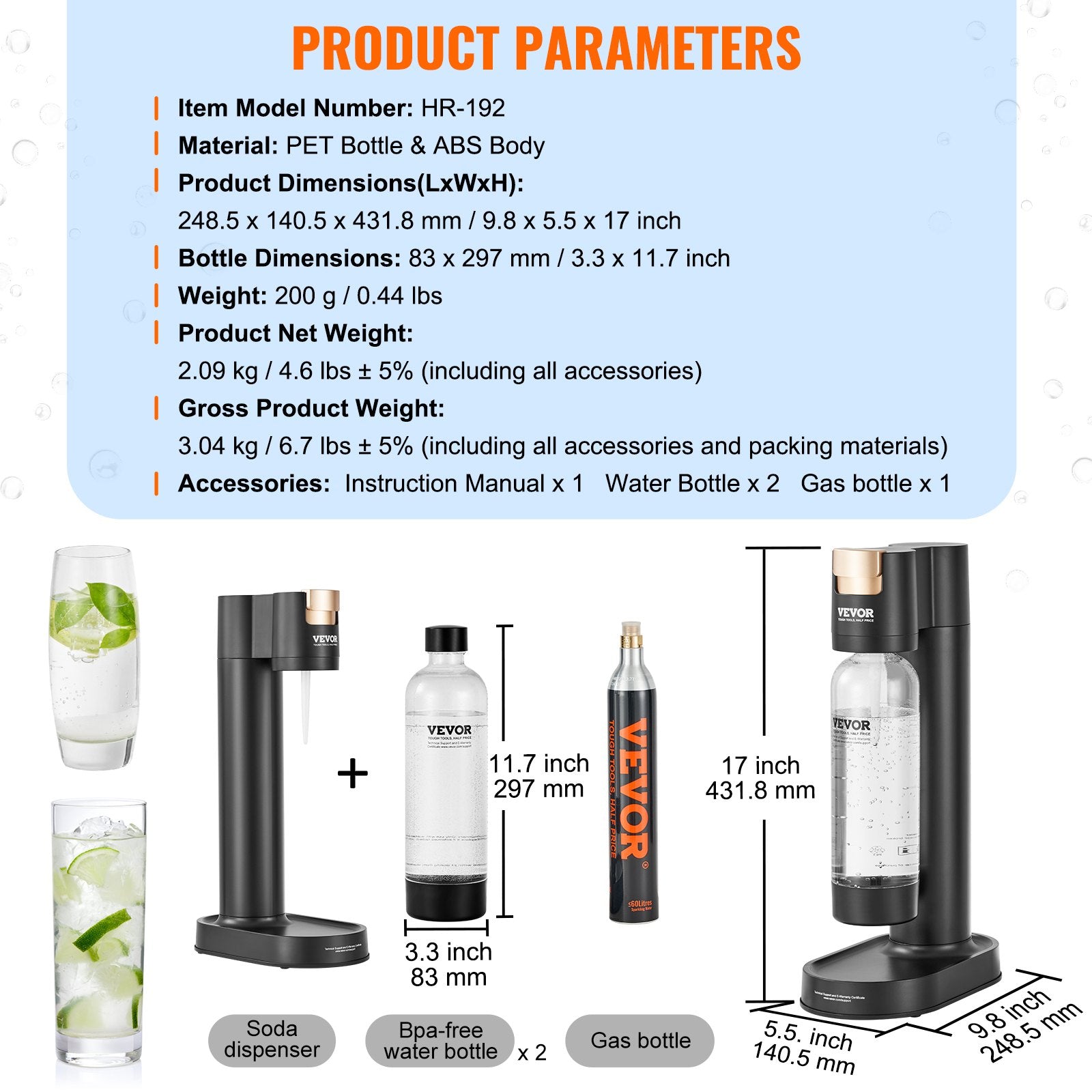 Sparkling Water Maker Soda Machine Home Carbonating Kit 2 x 1L PET Bottles CO2