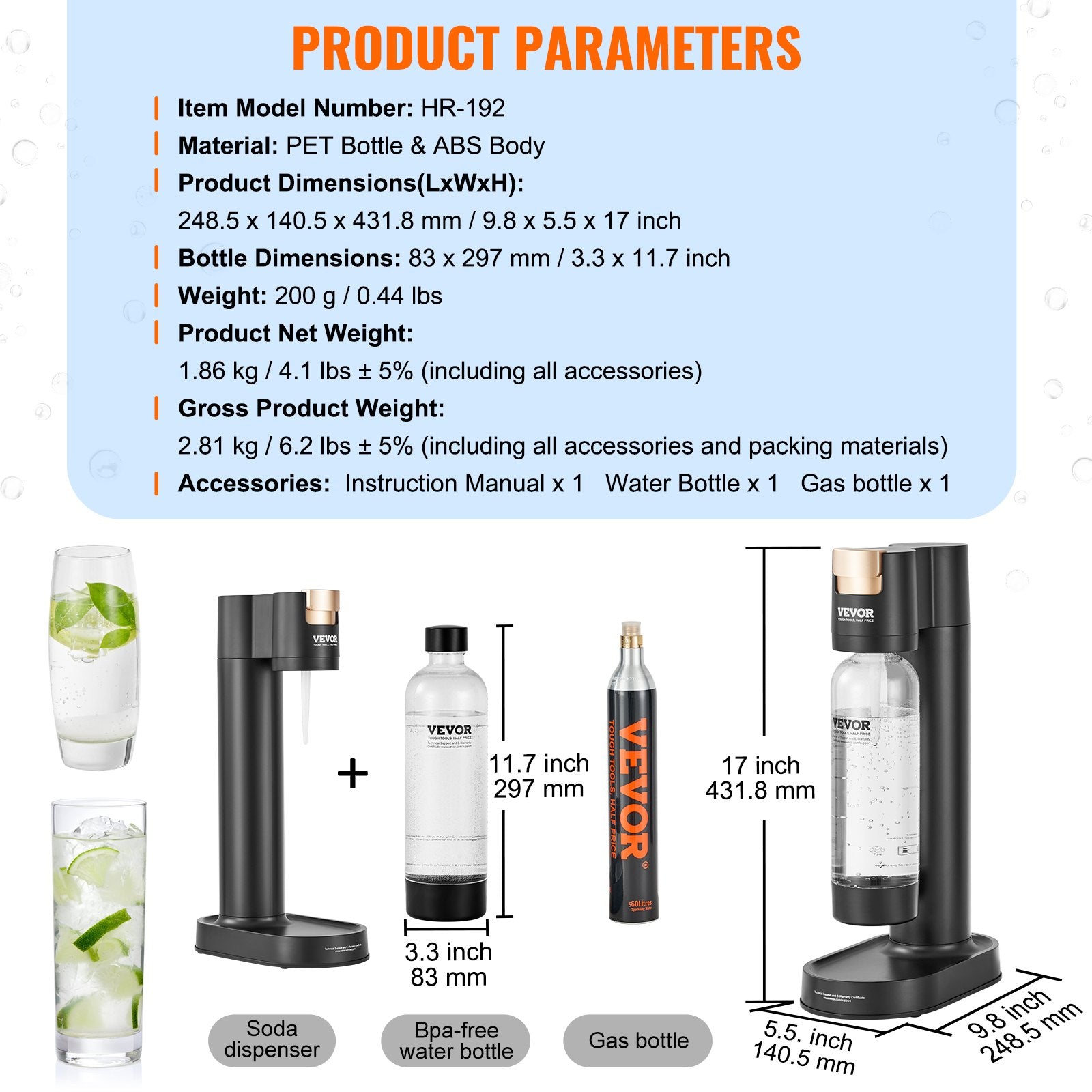 Sparkling Water Maker Soda Machine Home Carbonating Kit with 1L PET Bottle CO2