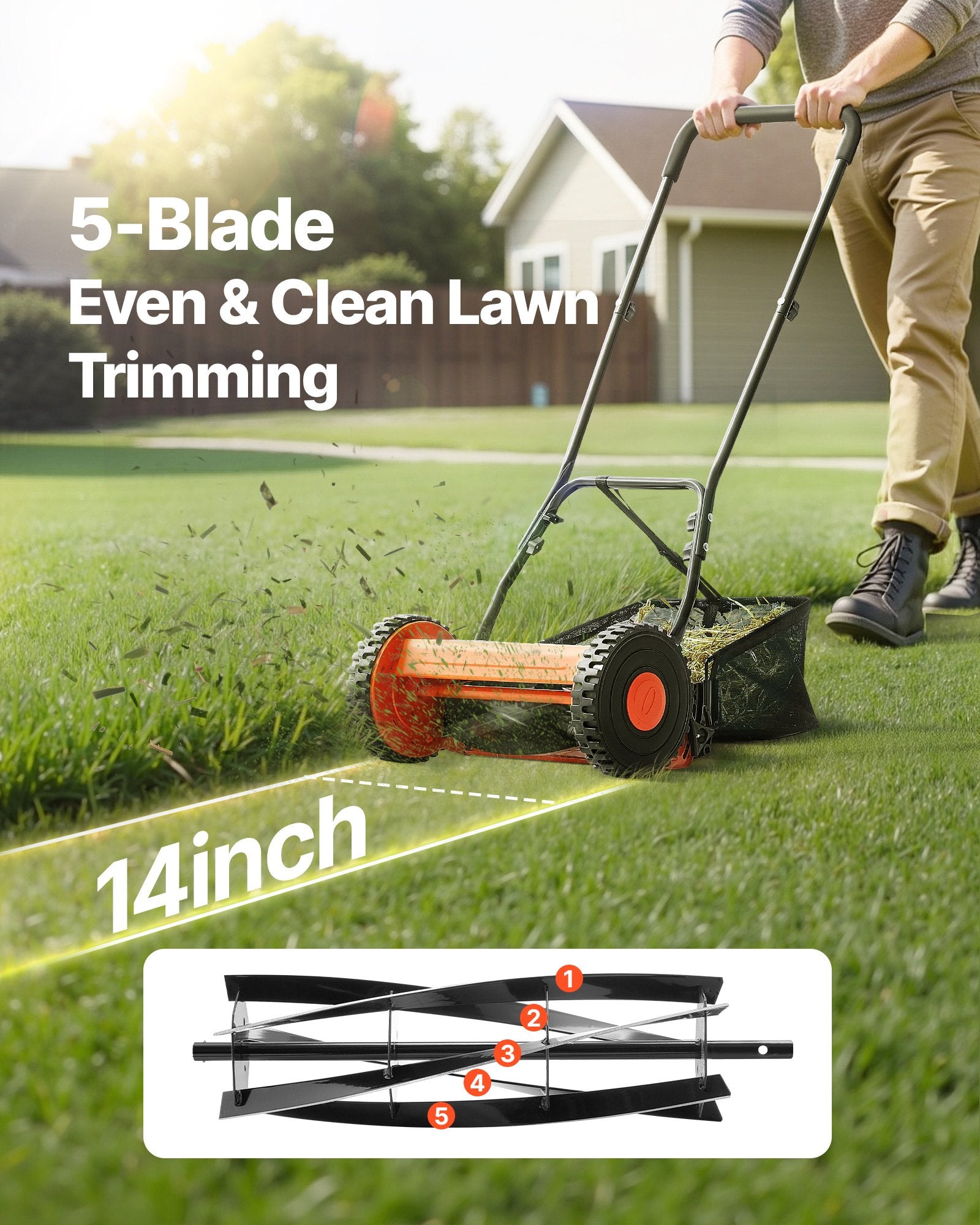 Push Reel Lawn Mower 35cm 5 Blades Manual 15-45mm Adjustable Grass Catcher