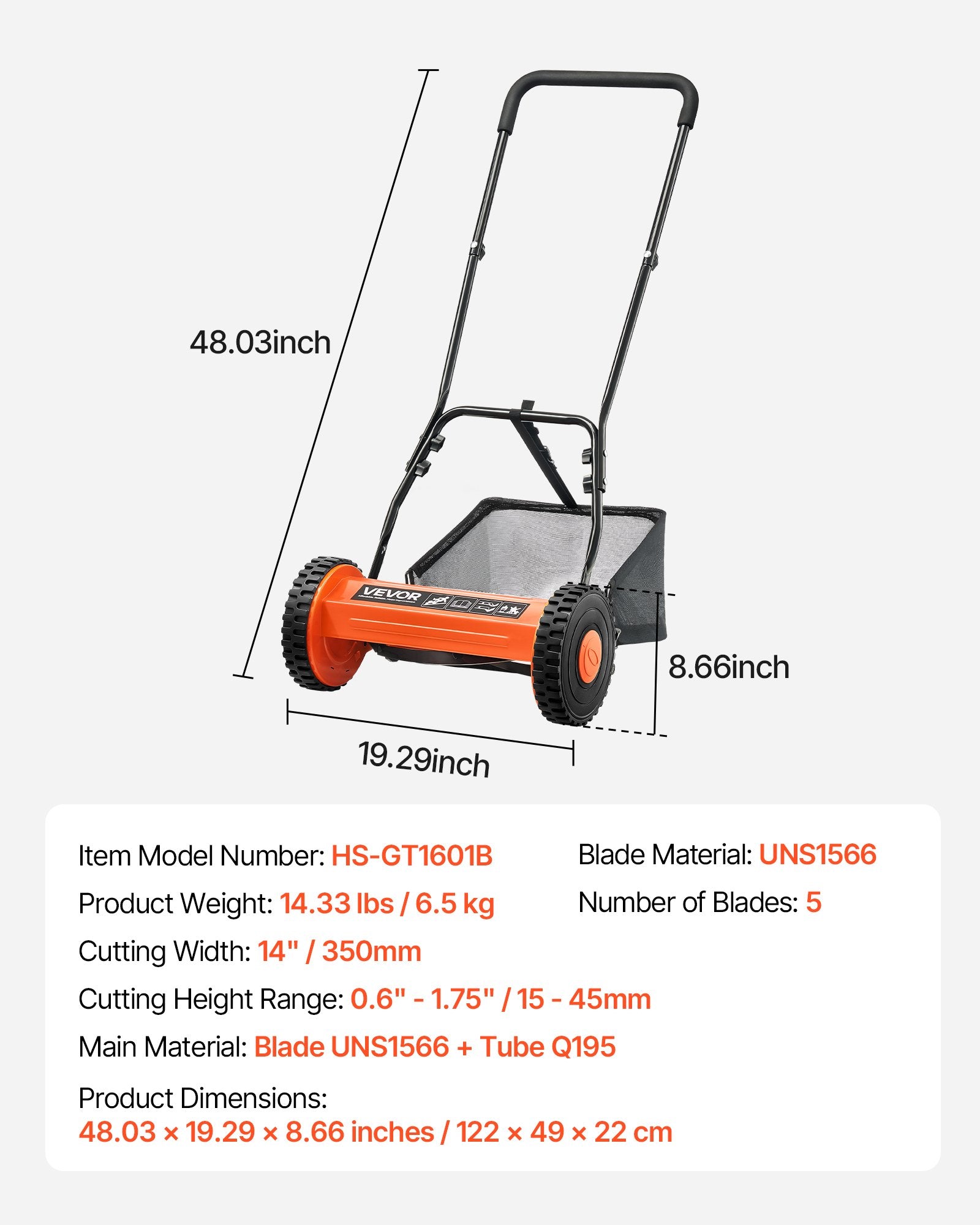 Push Reel Lawn Mower 35cm 5 Blades Manual 15-45mm Adjustable Grass Catcher
