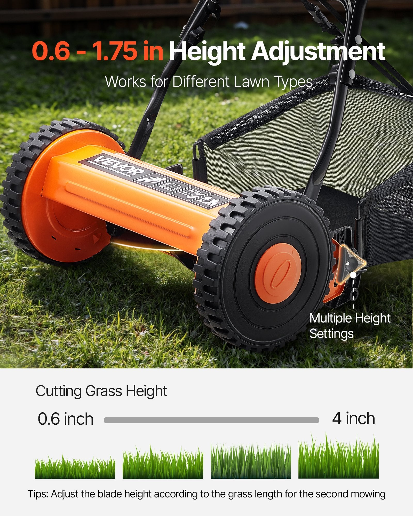 Push Reel Lawn Mower 40cm 5-Blade Manual Adjustable 15-45mm with Grass Catcher