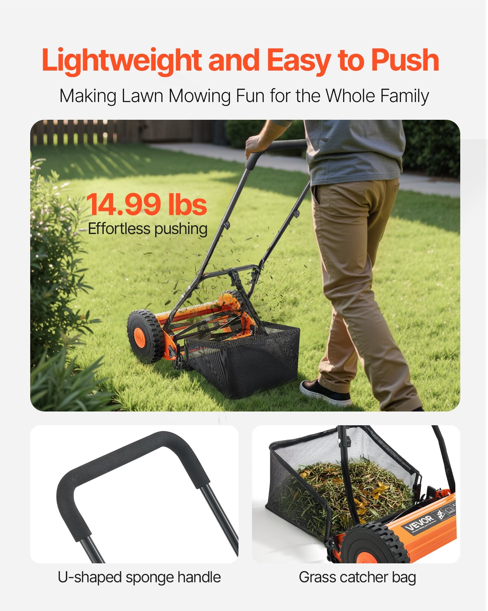 Push Reel Lawn Mower 40cm 5-Blade Manual Adjustable 15-45mm with Grass Catcher