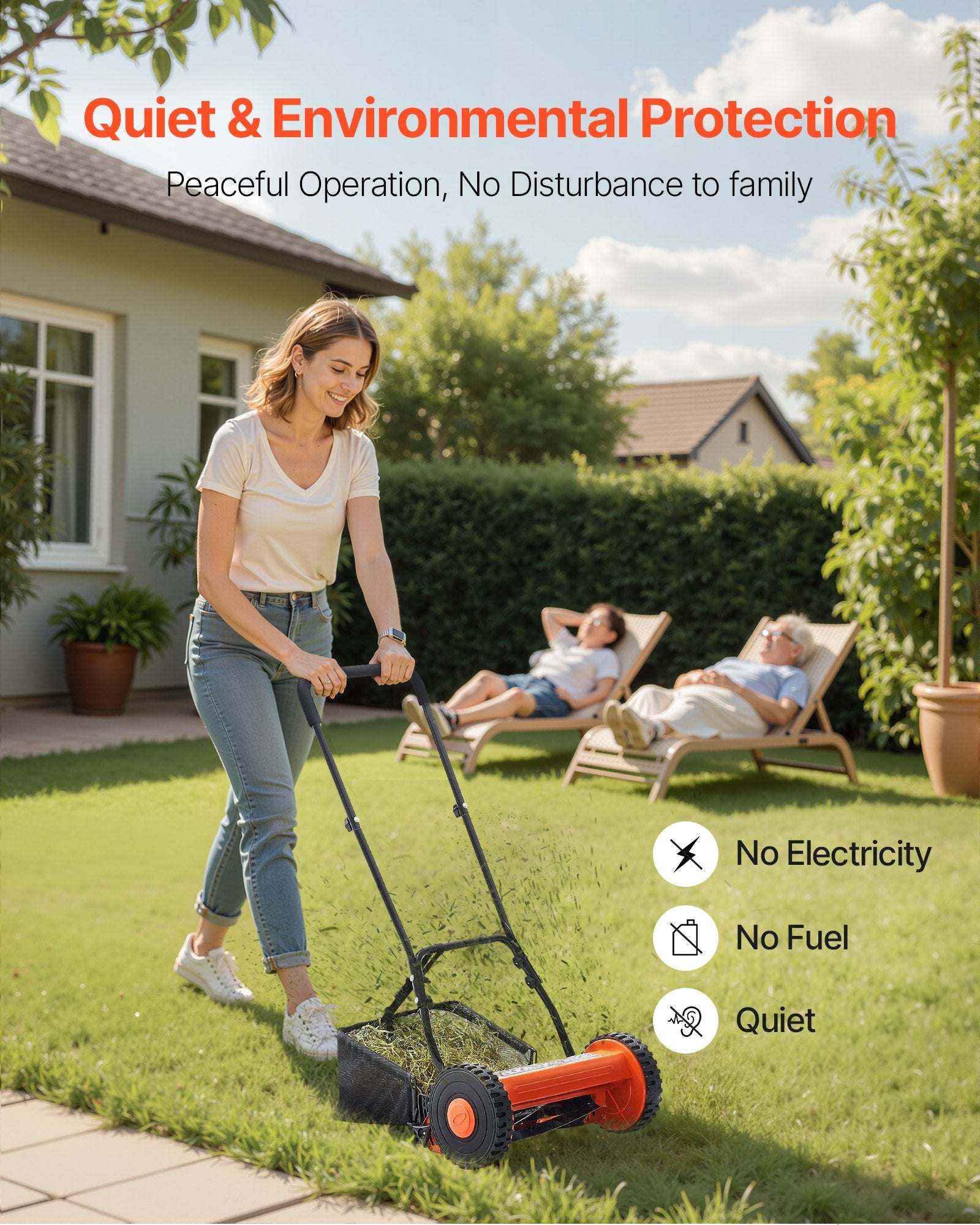Push Reel Lawn Mower 40cm 5-Blade Manual Adjustable 15-45mm with Grass Catcher