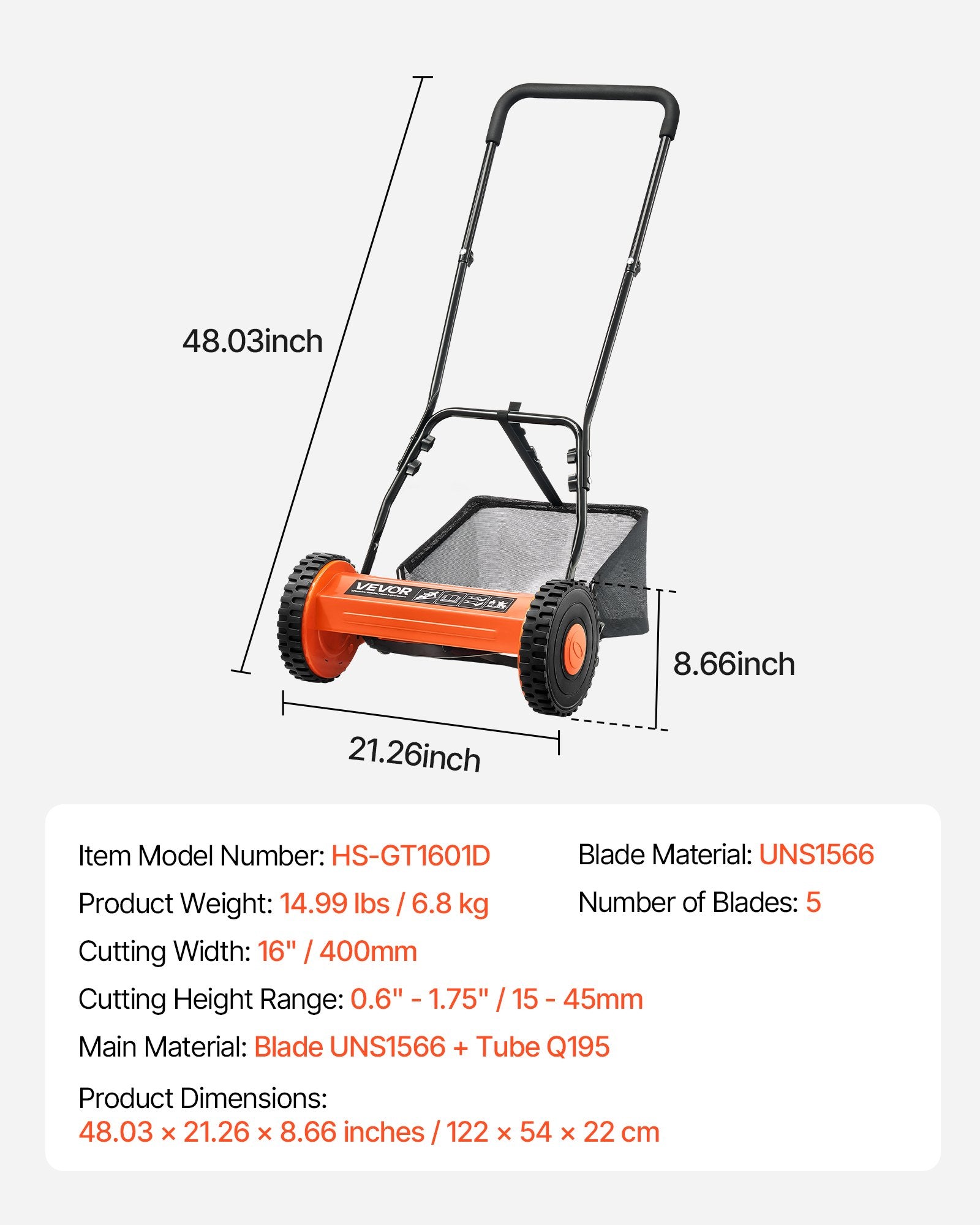 Push Reel Lawn Mower 40cm 5-Blade Manual Adjustable 15-45mm with Grass Catcher
