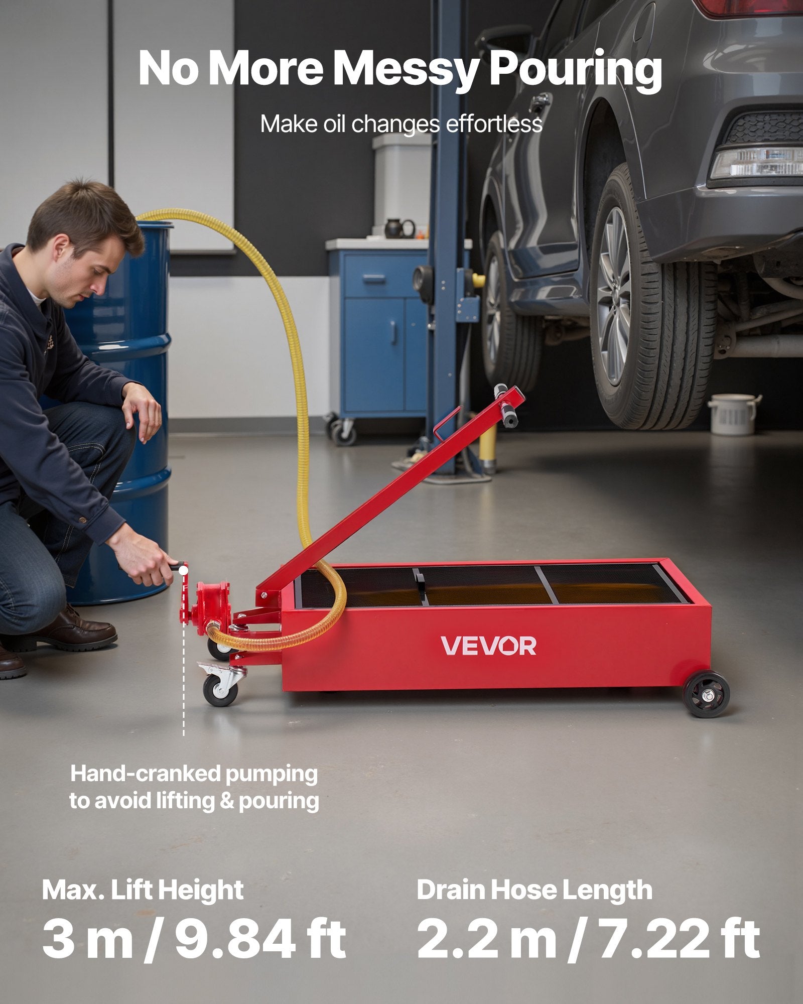 Low Profile Oil Drain Pan 75.7L Rolling with Pump, 2.2m Hose & T-Fold H&le, Red