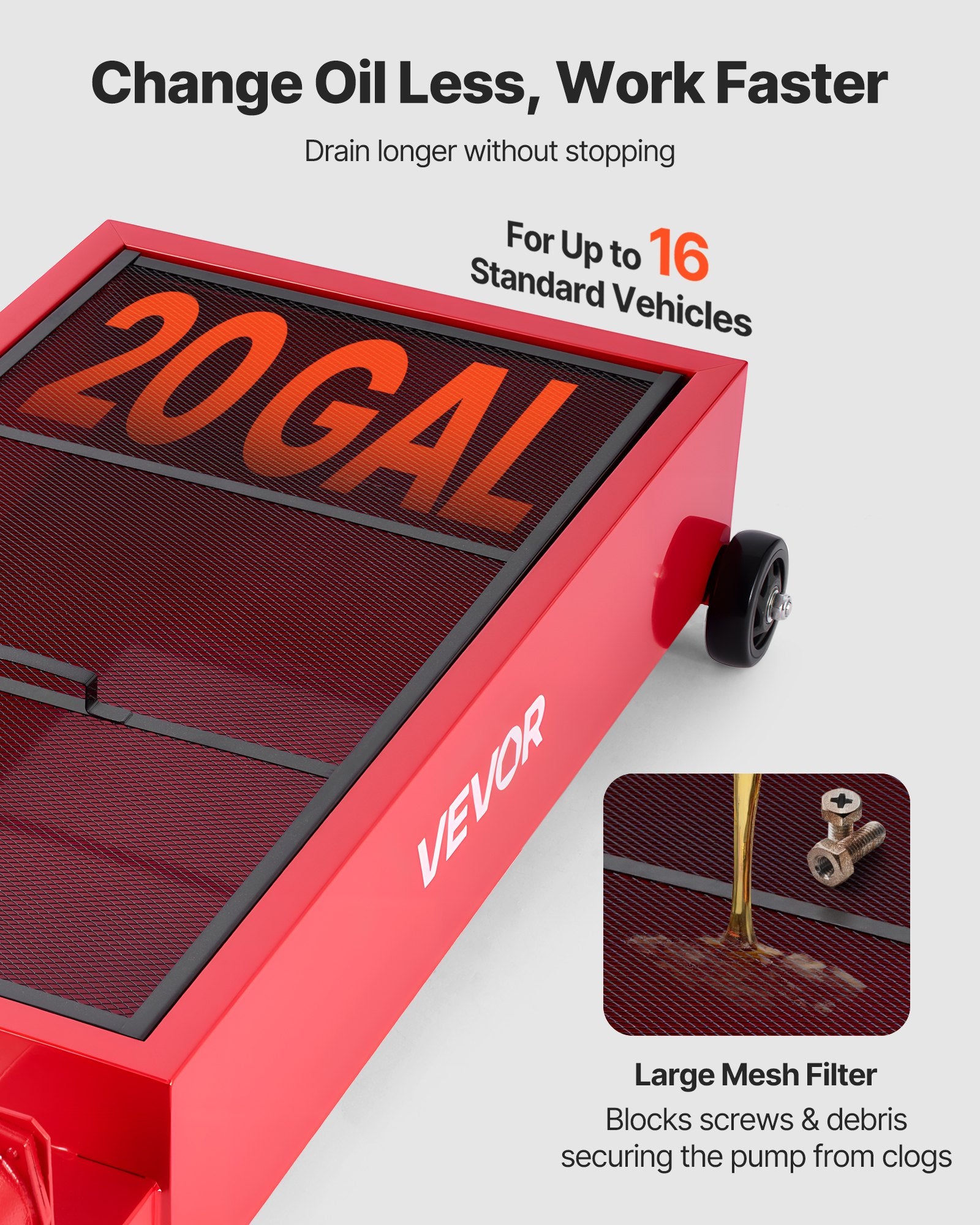 Low Profile Oil Drain Pan 75.7L Rolling with Pump, 2.2m Hose & T-Fold H&le, Red