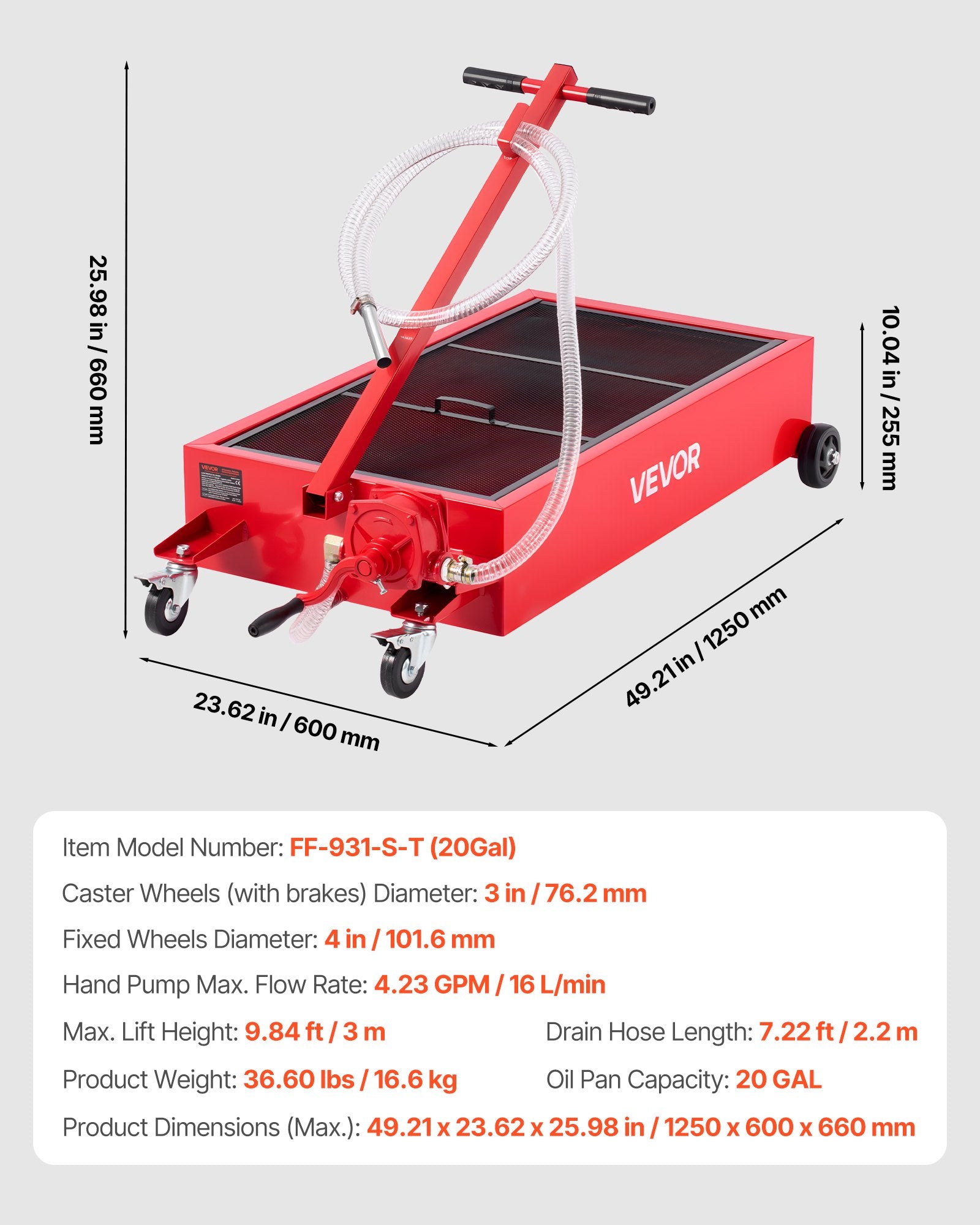 Low Profile Oil Drain Pan 75.7L Rolling with Pump, 2.2m Hose & T-Fold H&le, Red
