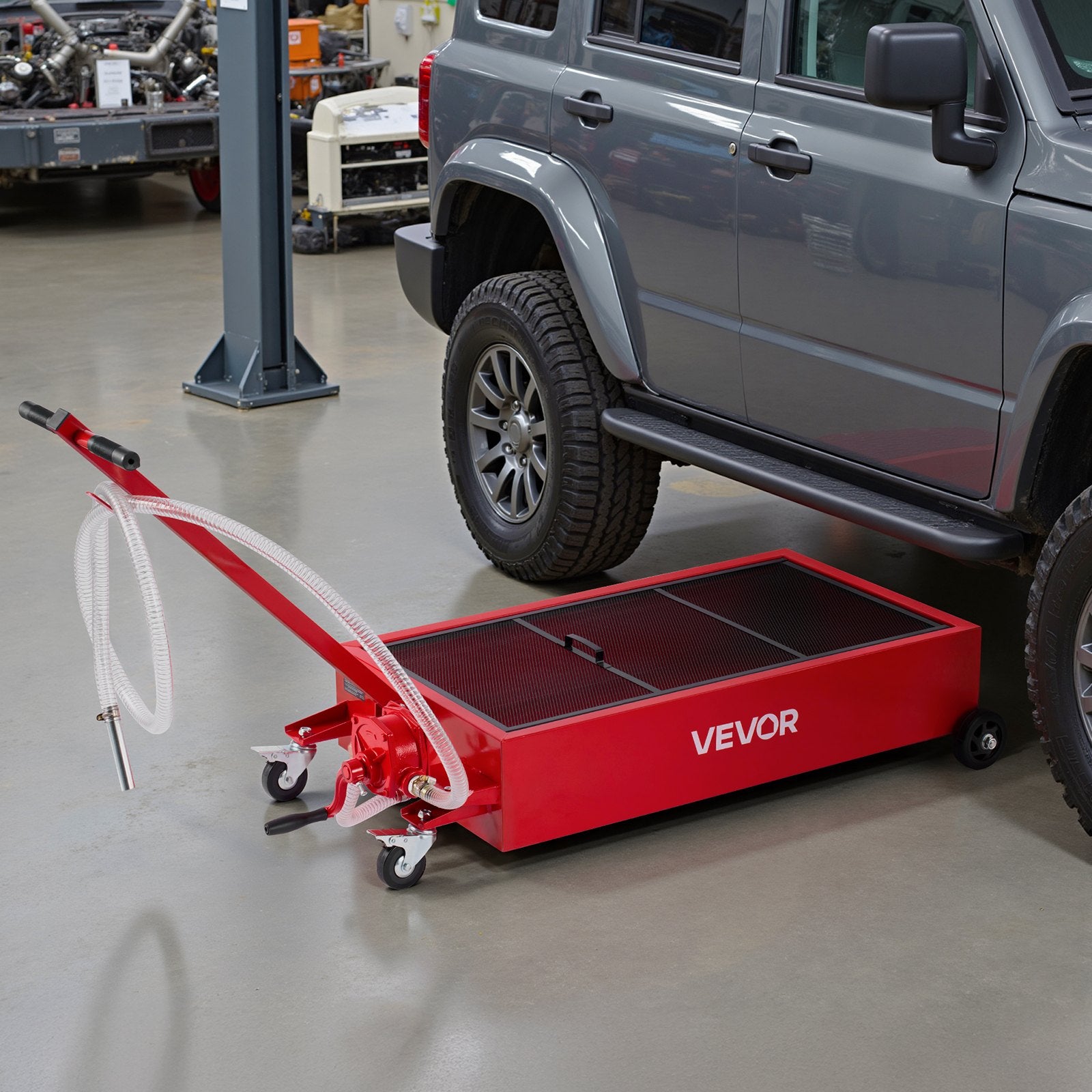 Low Profile Oil Drain Pan 75.7L Rolling with Pump, 2.2m Hose & T-Fold H&le, Red
