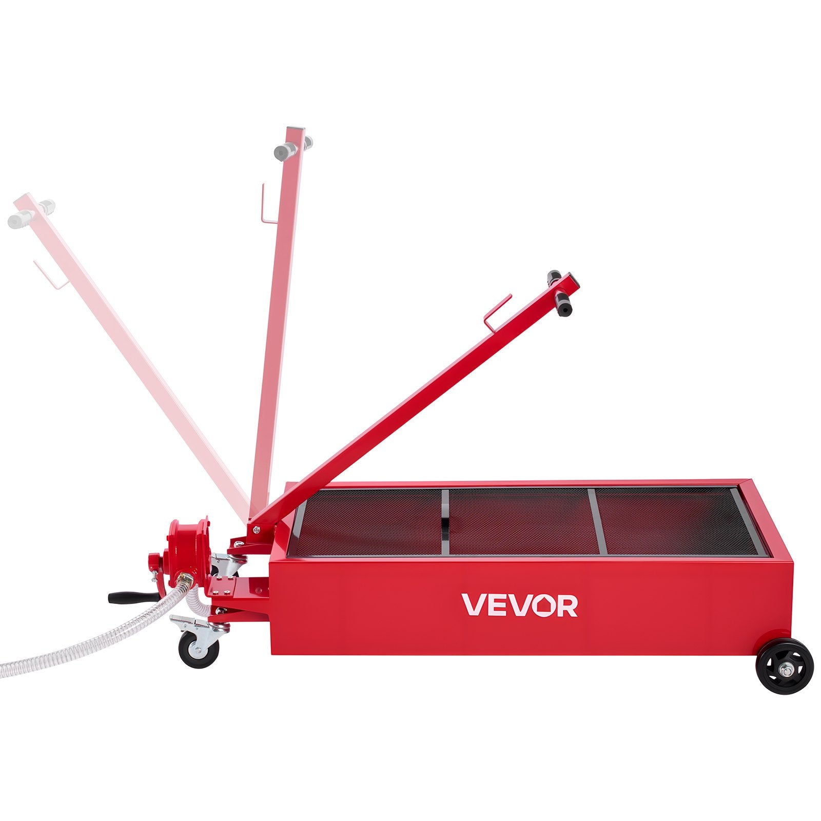 Low Profile Oil Drain Pan 75.7L Rolling with Pump, 2.2m Hose & T-Fold H&le, Red