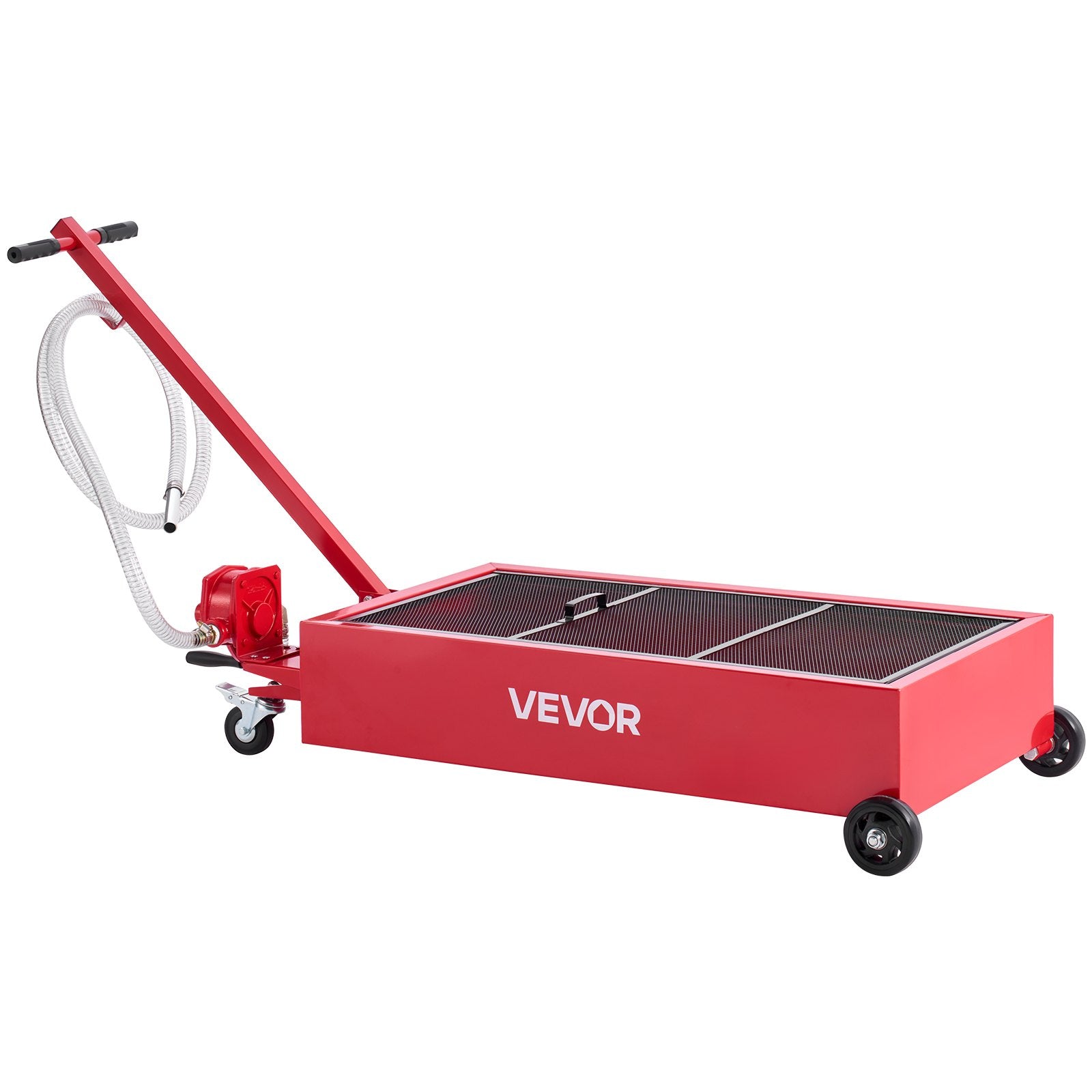 Low Profile Oil Drain Pan 75.7L Rolling with Pump, 2.2m Hose & T-Fold H&le, Red