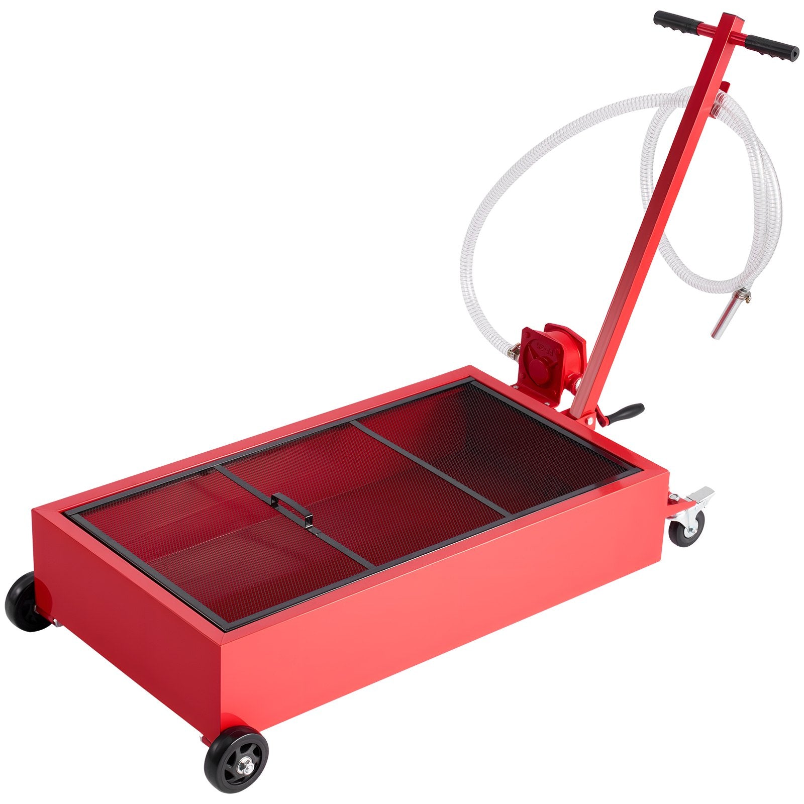Low Profile Oil Drain Pan 75.7L Rolling with Pump, 2.2m Hose & T-Fold H&le, Red