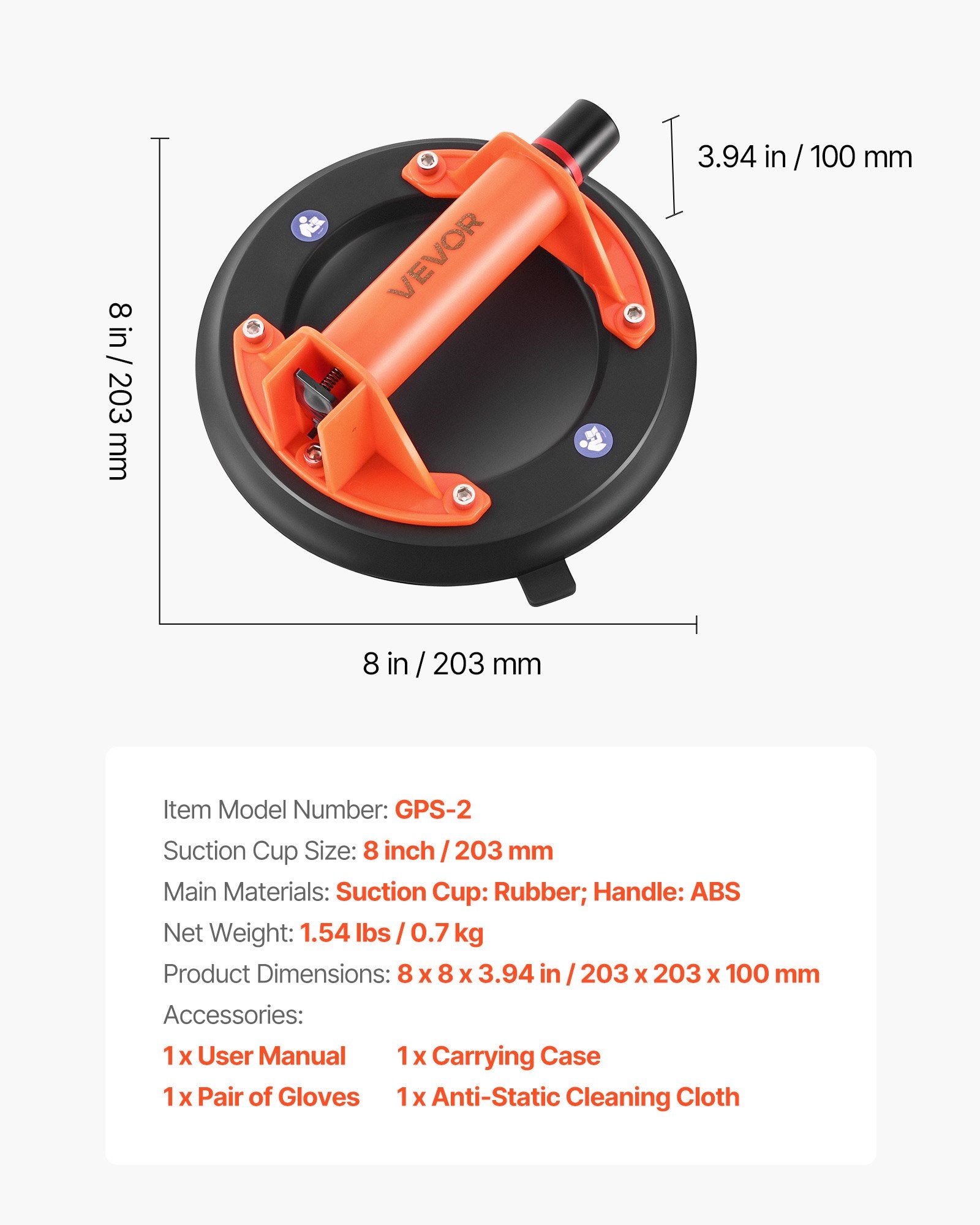 203 mm Vacuum Suction Cup Glass Lifter, 180 kg Capacity, 1 Pack