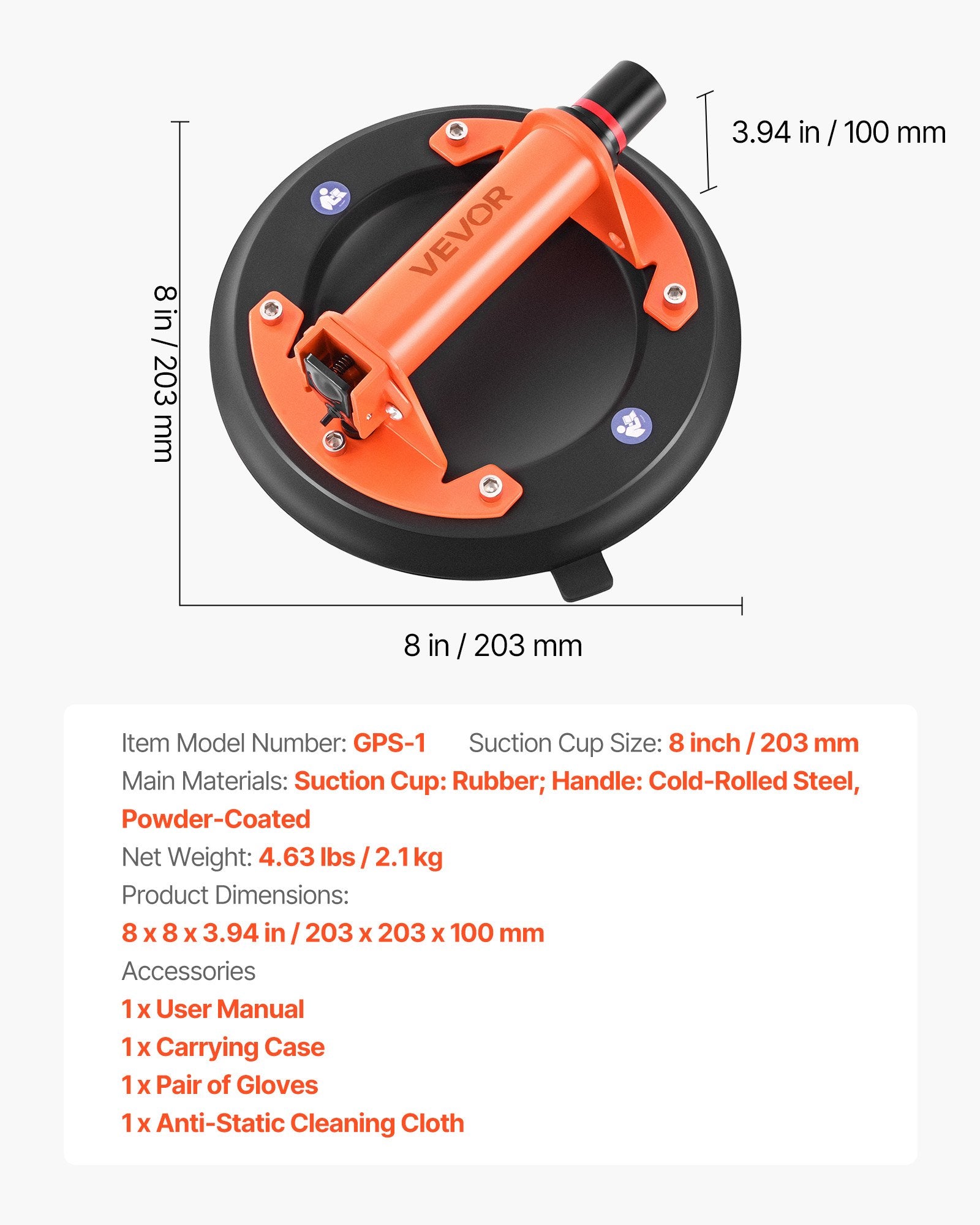 203 mm Vacuum Suction Cup Glass Lifter with Metal H&le, 195 kg Capacity, 2 Pack