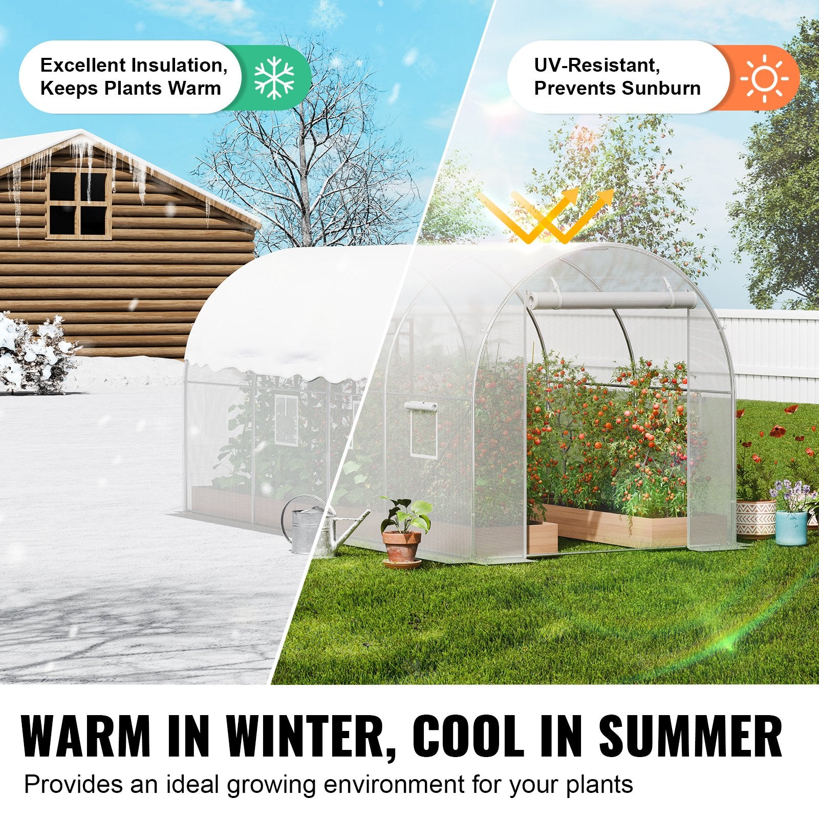 Walk-in Tunnel Greenhouse 9.6x6.4x6.2 ft, White PE Cover, 6 Windows