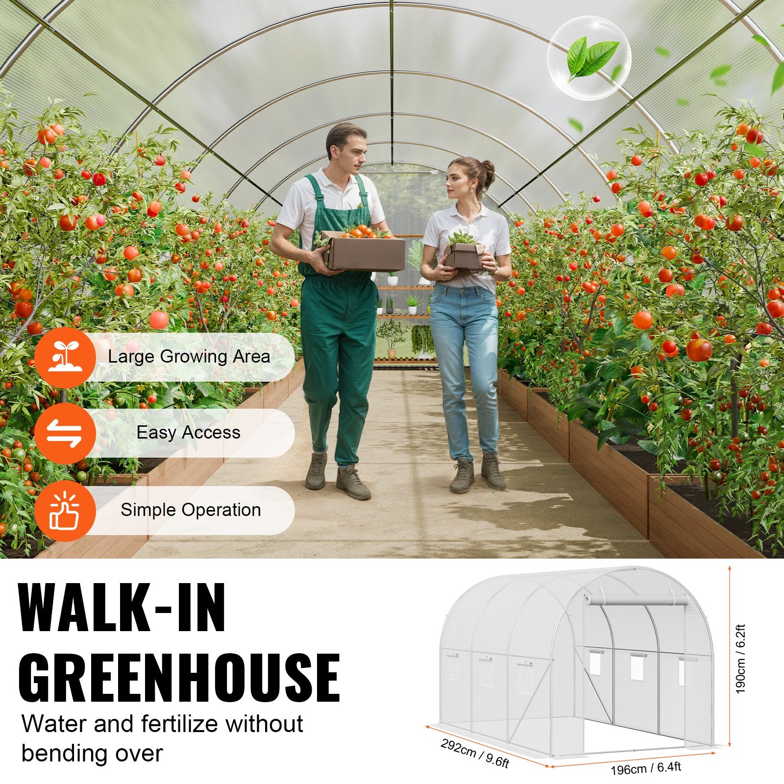 Walk-in Tunnel Greenhouse 9.6x6.4x6.2 ft, White PE Cover, 6 Windows
