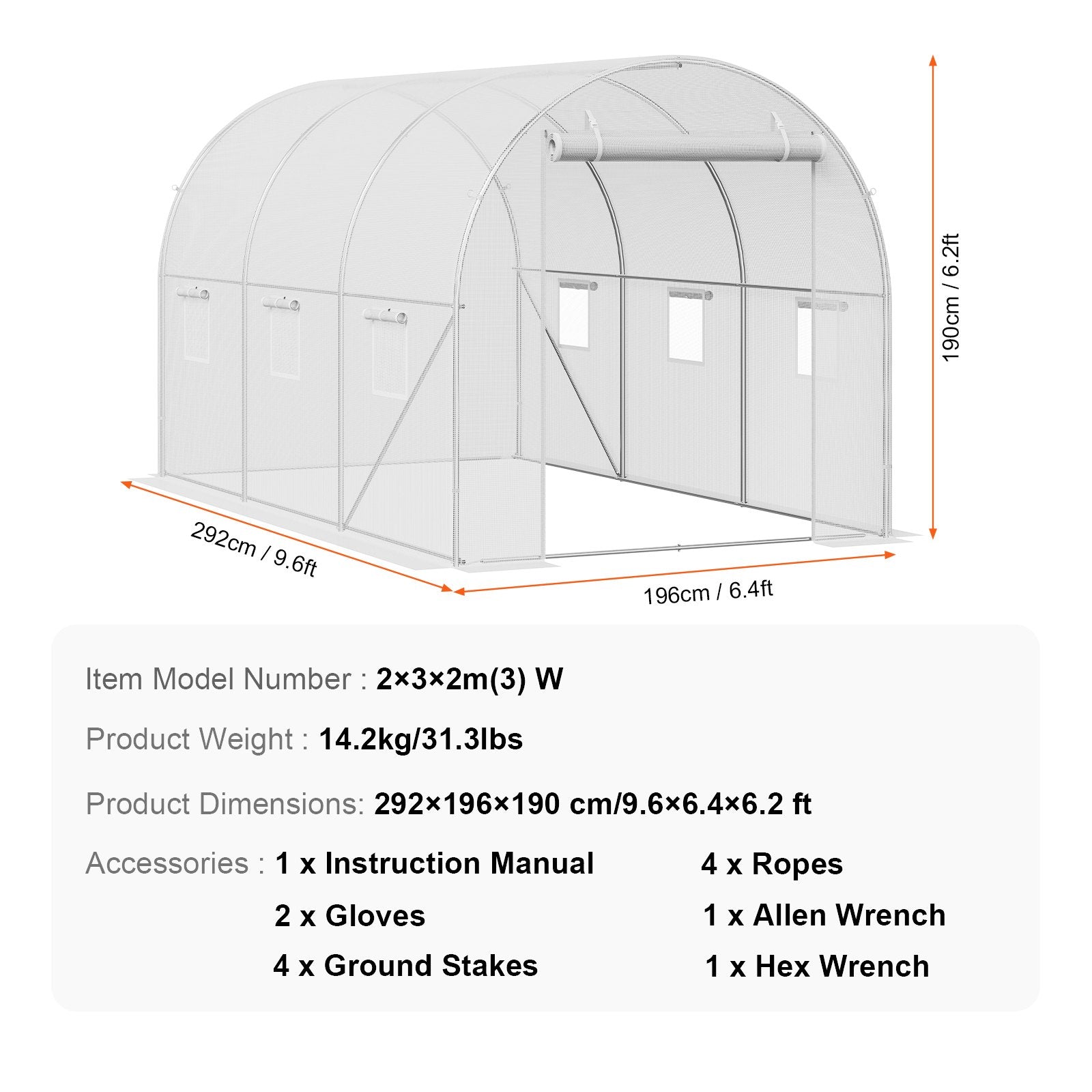 Walk-in Tunnel Greenhouse 9.6x6.4x6.2 ft, White PE Cover, 6 Windows
