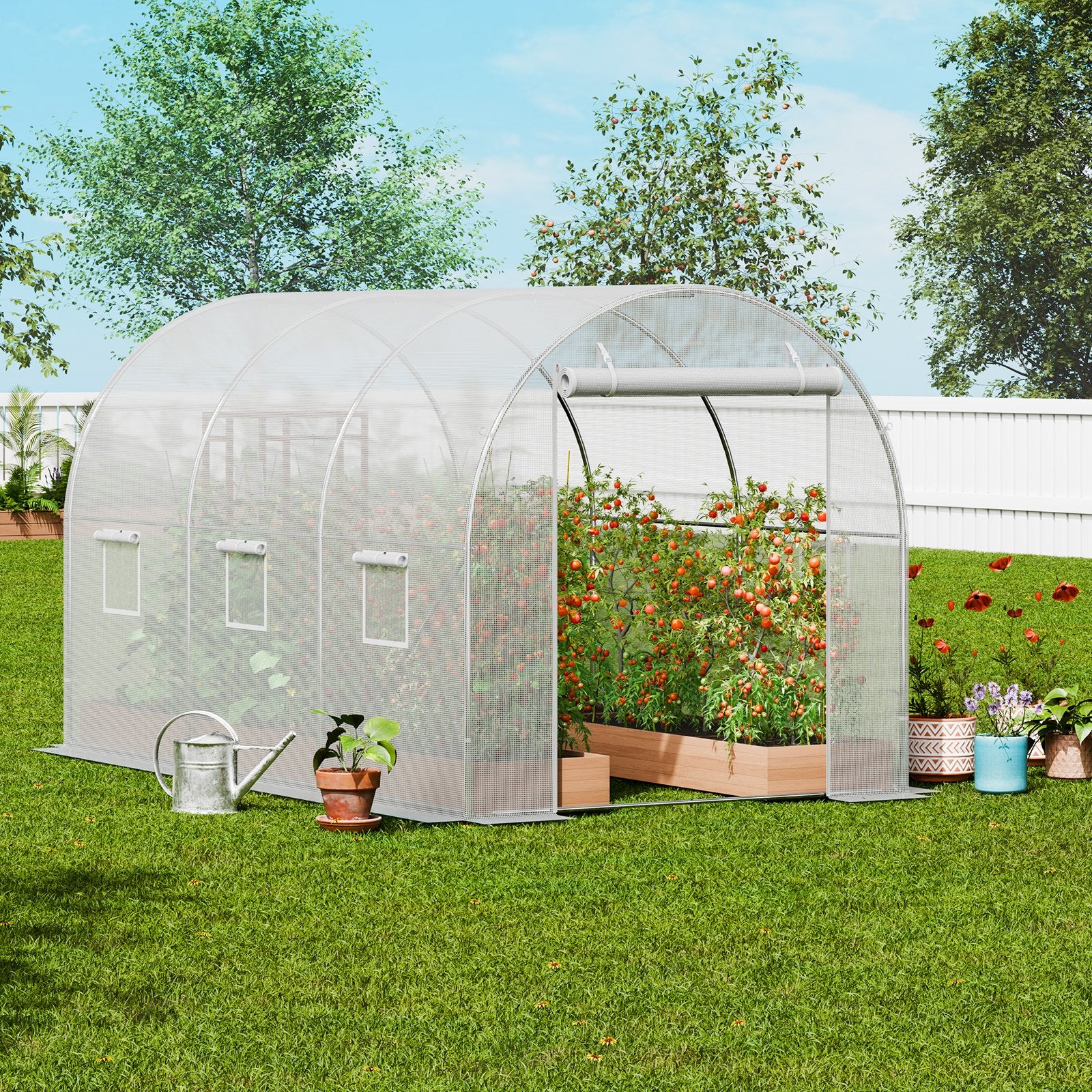 Walk-in Tunnel Greenhouse 9.6x6.4x6.2 ft, White PE Cover, 6 Windows