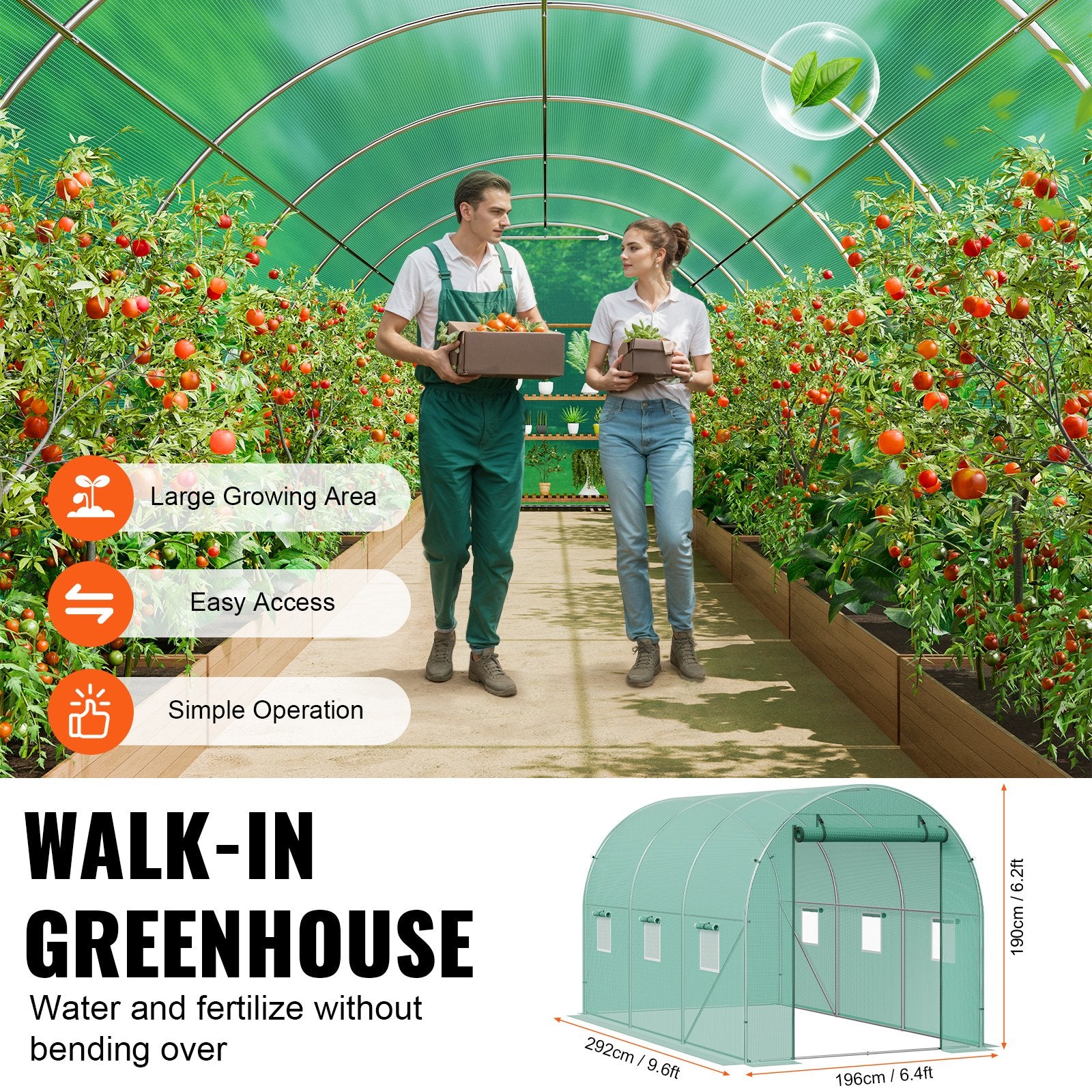 Walk-in Tunnel Greenhouse 9.6x6.4x6.2 ft, Green PE Cover, 6 Windows