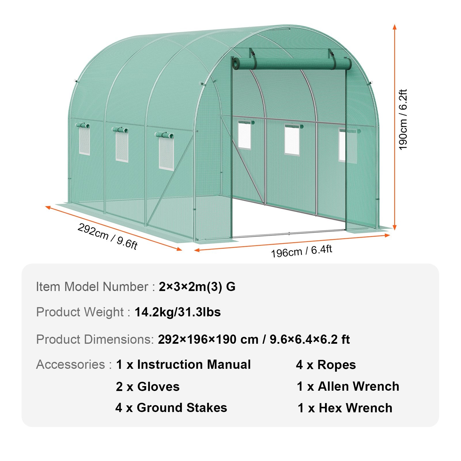 Walk-in Tunnel Greenhouse 9.6x6.4x6.2 ft, Green PE Cover, 6 Windows