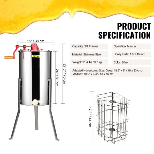 Manual Honey Extractor 2/4 Frame Beekeeping Equipment with Adjustable Stand