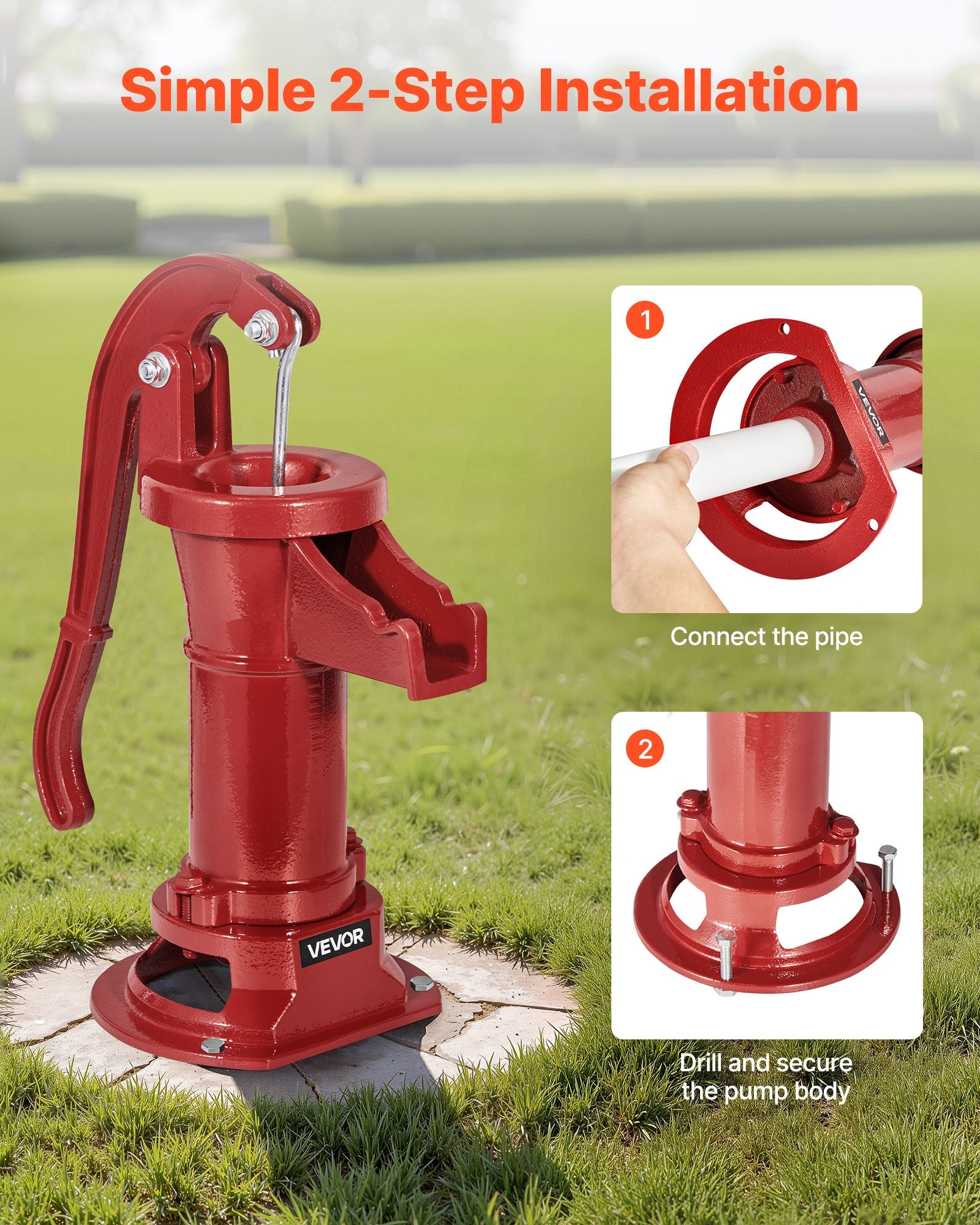 Hand Pitcher Pump Cast Iron 25ft Lift Manual Water Pump 1-1/4in Outdoor Red
