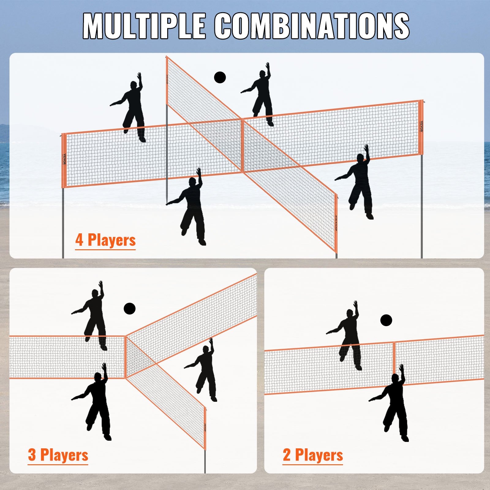 4-Way Volleyball Net Adjustable Height Portable Outdoor Net with Carry Bag