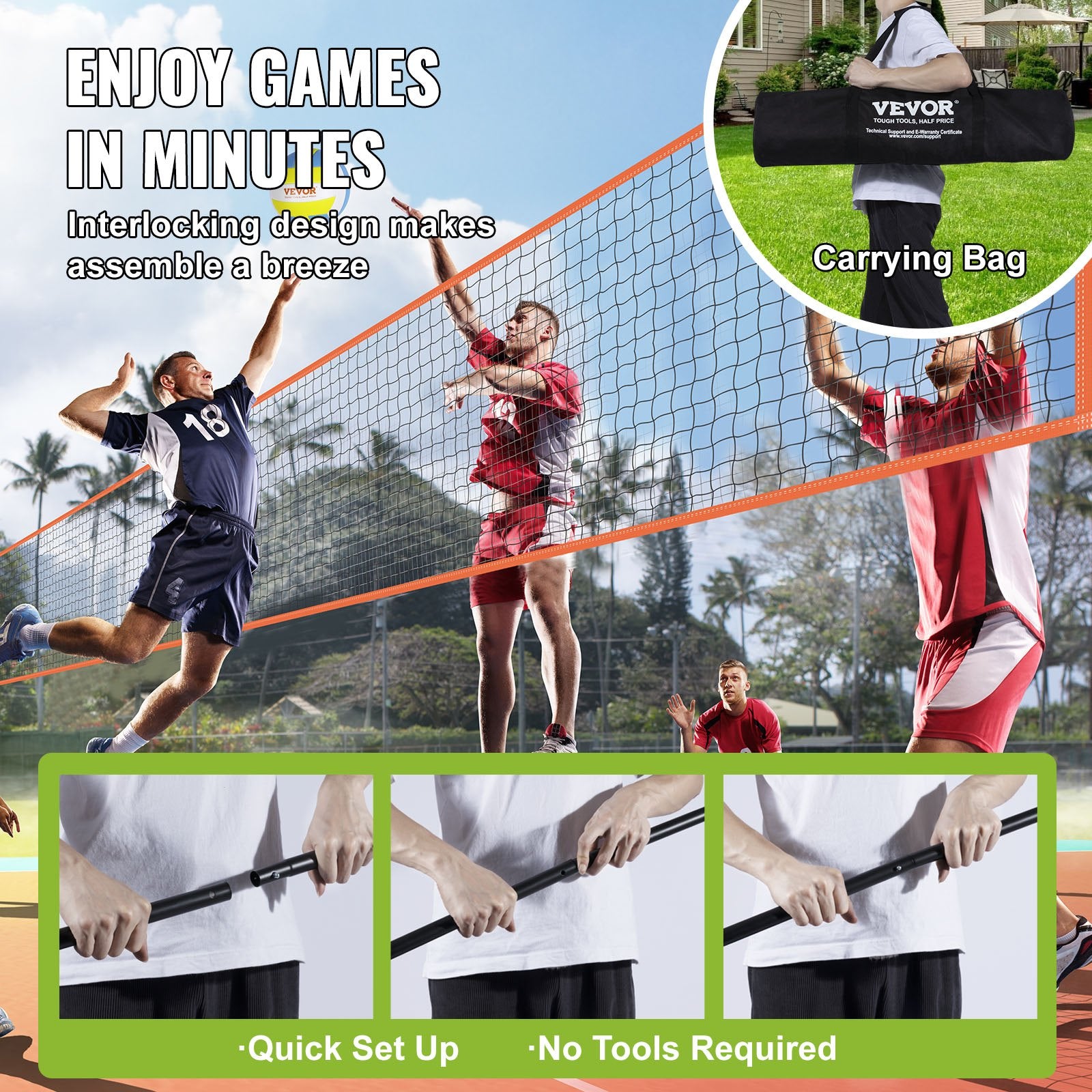 4-Way Volleyball Net Adjustable Height Portable Outdoor Net with Carry Bag